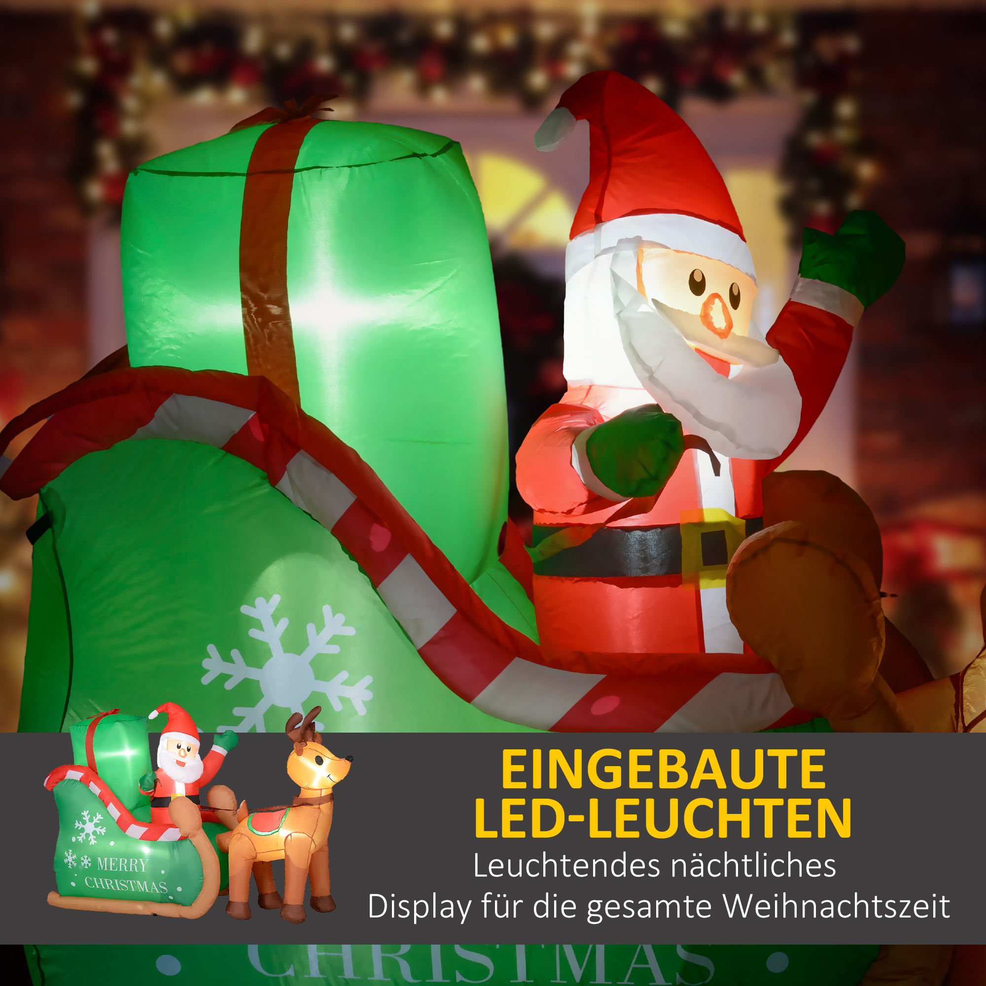 Weihnachtsmann mit Schlitten & Rentier, aufblasbar, weiße LED-Beleuchtung, 210 x 80 x 140 cm