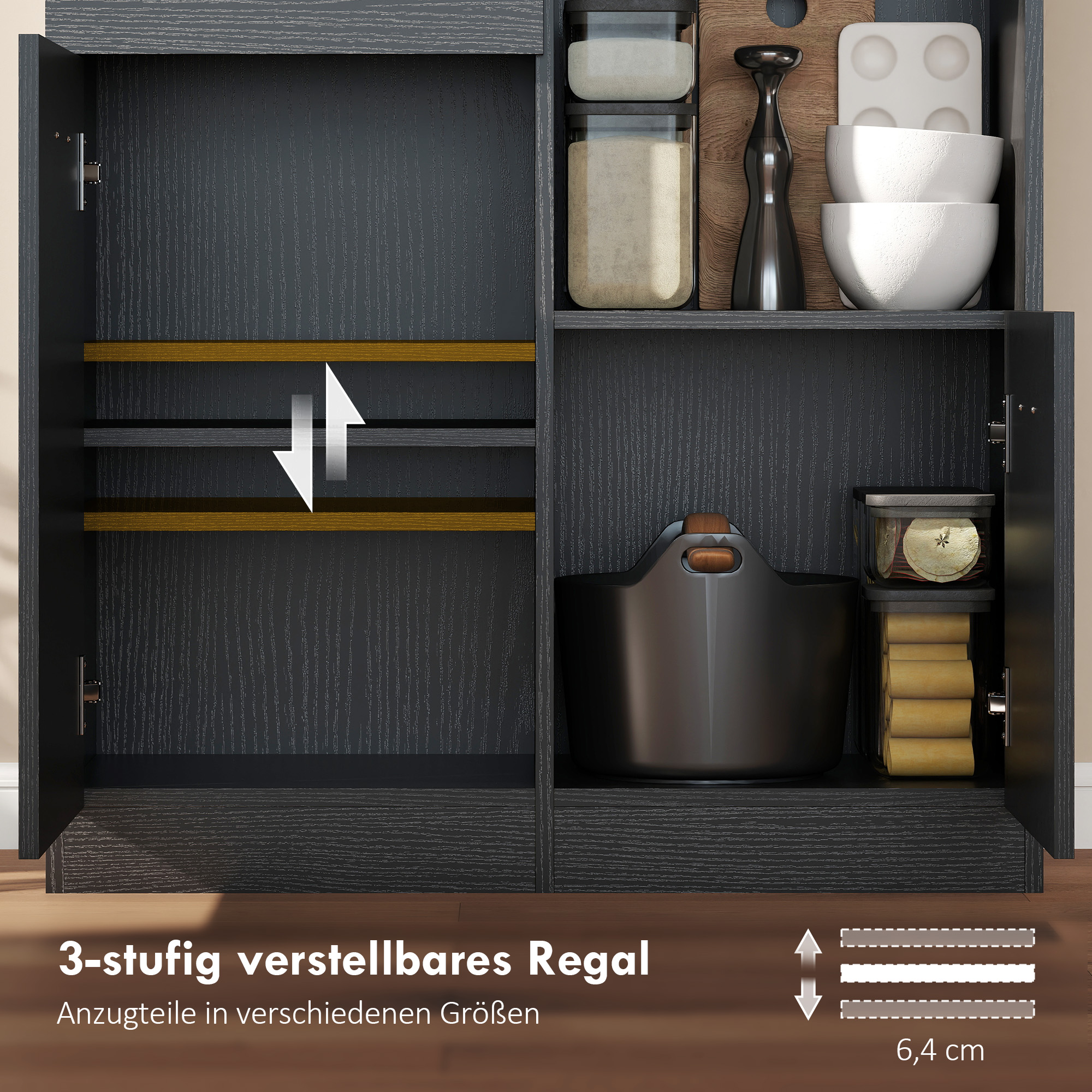 Küchenschrank, Buffet mit Schublade, Soft-Close Türen, 80 x 35 x 180 cm, Schwarz