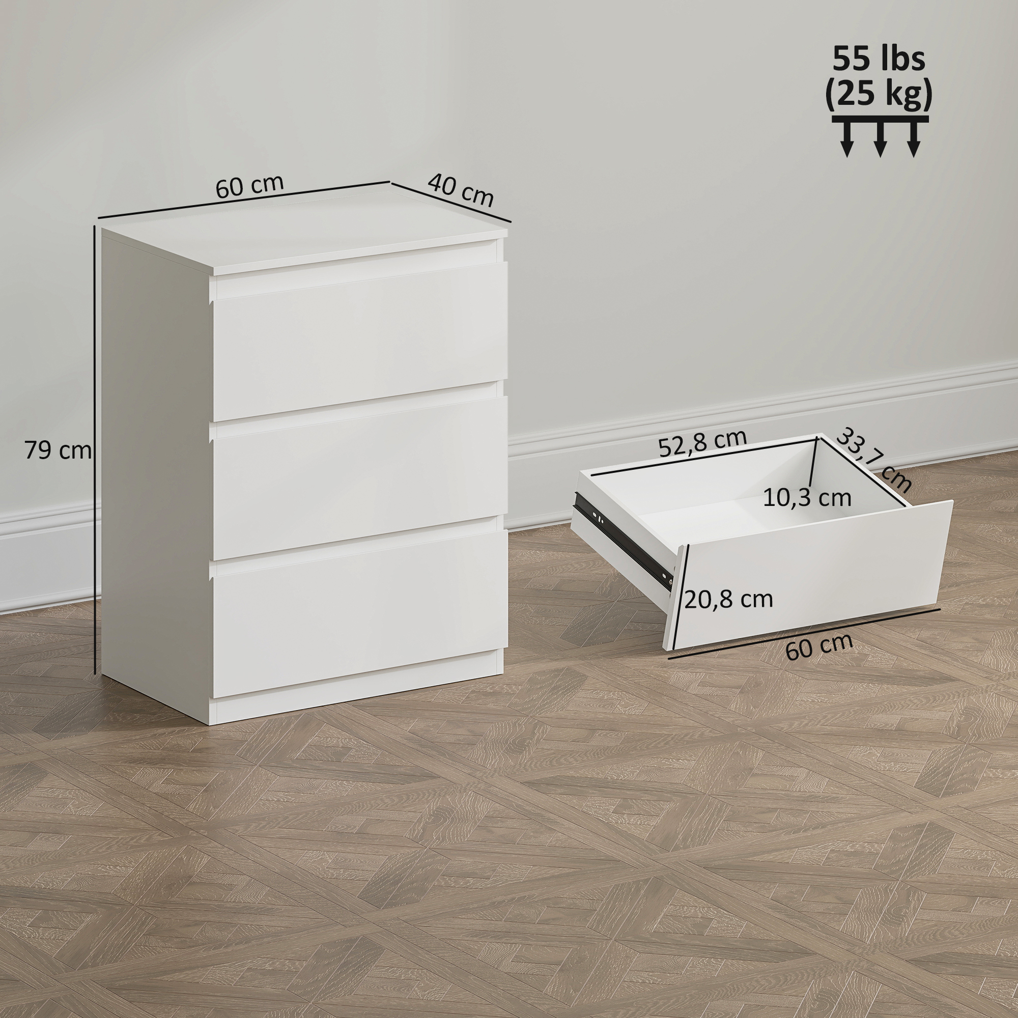 Kommode mit 3 Schubladen, für Wohnzimmer, Schlafzimmer, Flur, Spanplatte, Weiß