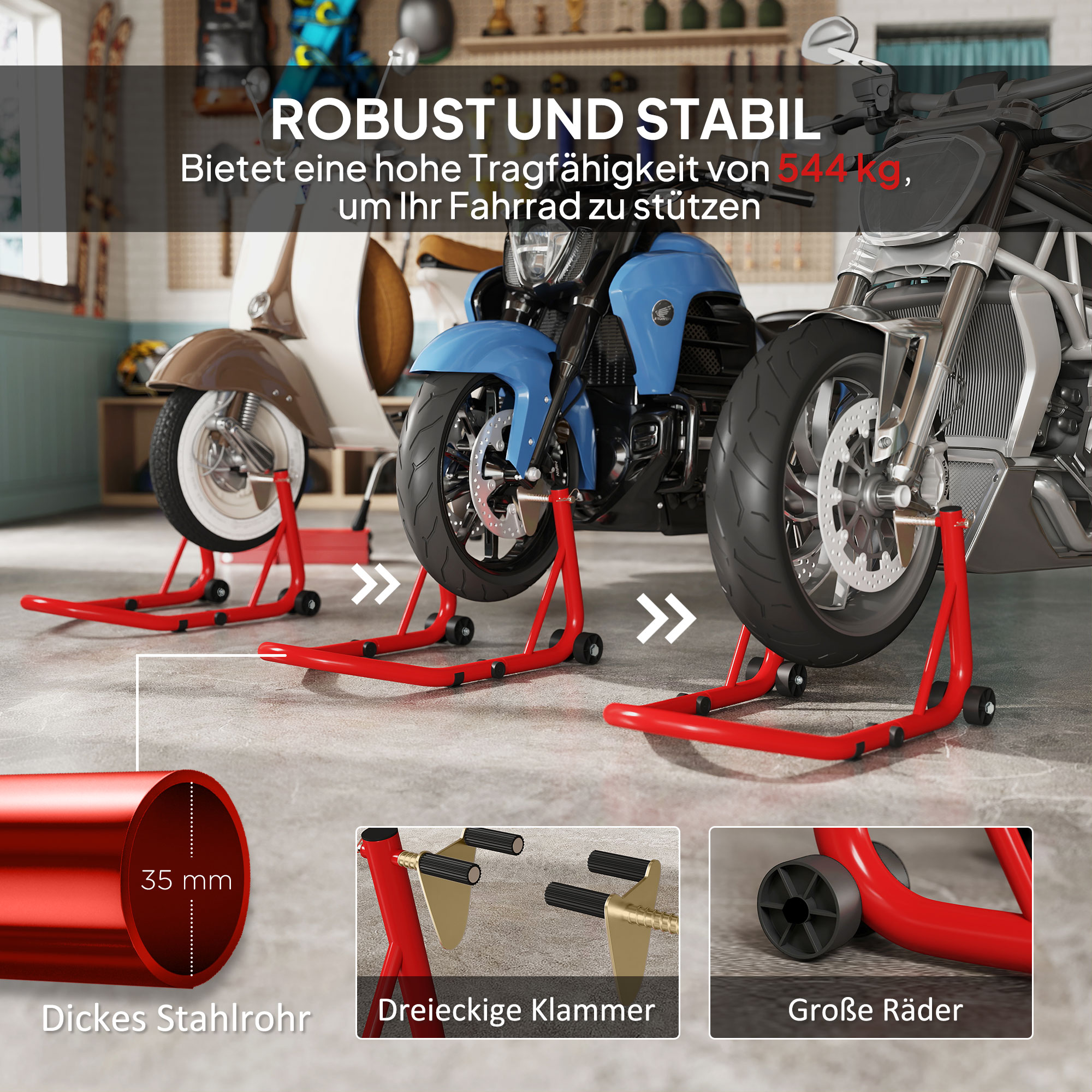 Motorradständer Set vorne/hinten Montageständer Motorradheber bis 544 kg Stahl Rot