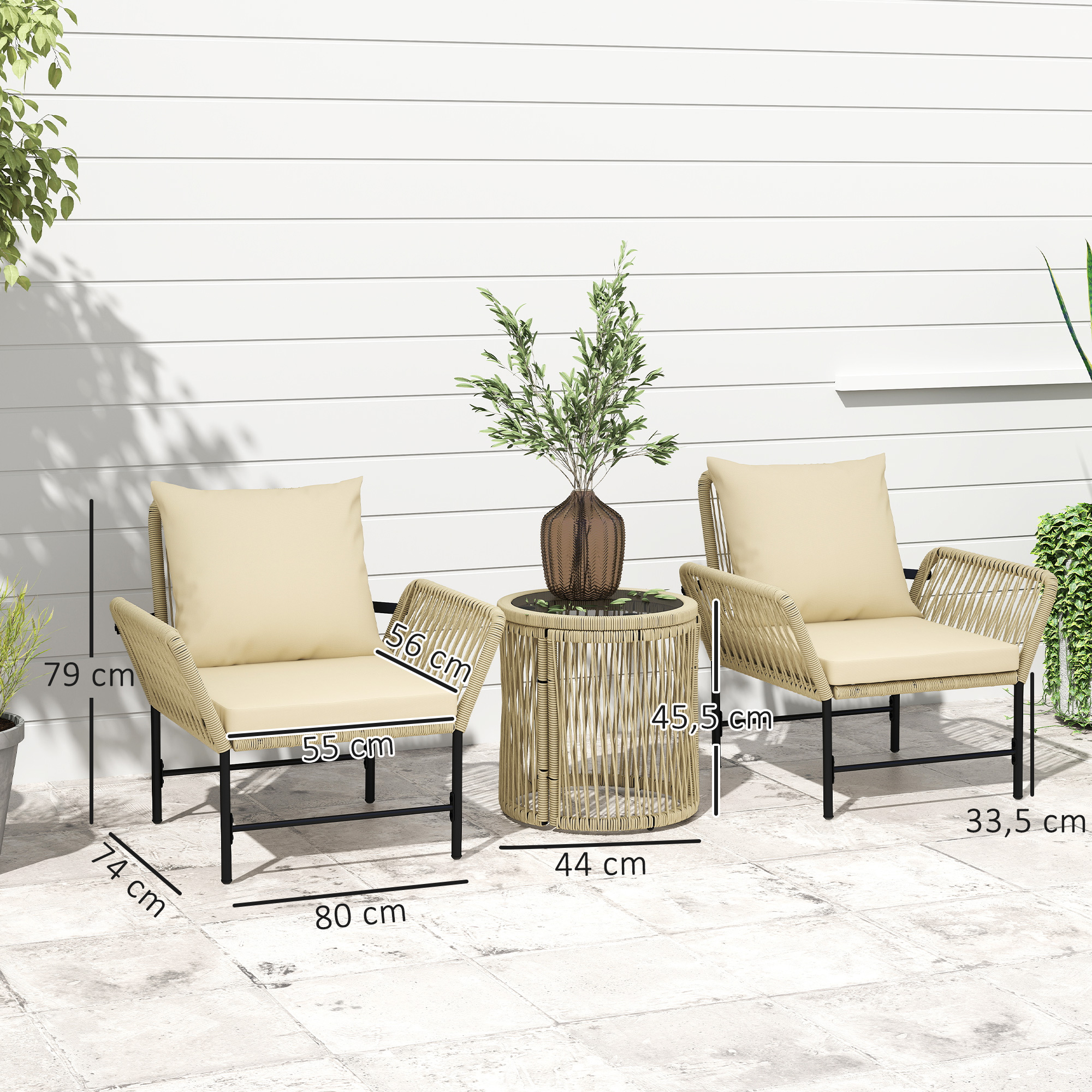 Polyrattan Gartenmöbel Set, Outdoor Balkonmöbel für 2 Personen, 3-teilig mit 2 Stühle, Beistelltisch Sitzkissen