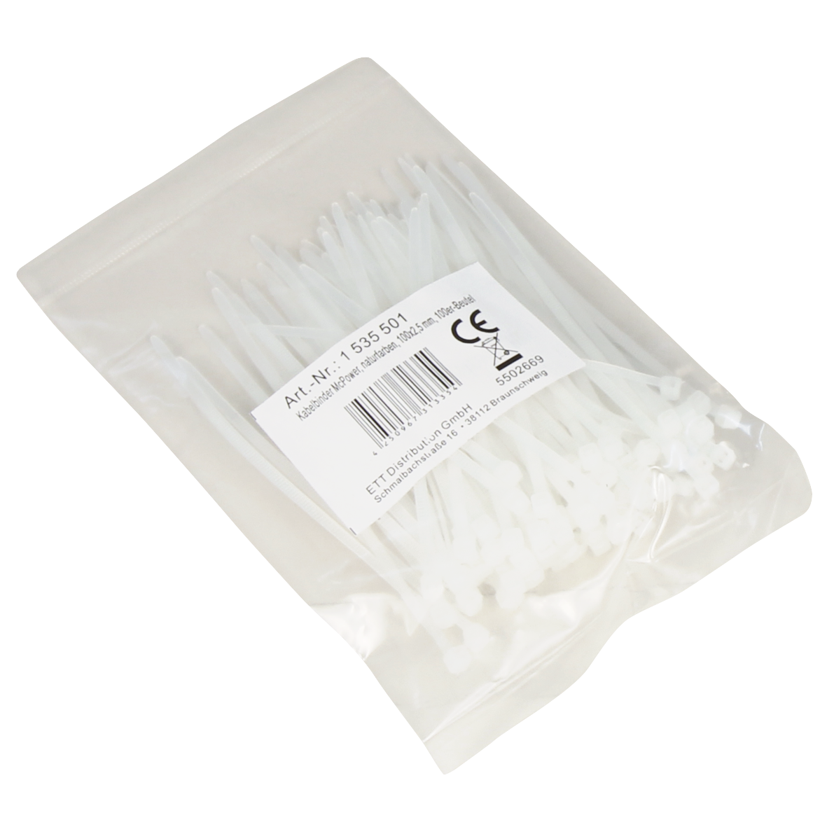 Kabelbinder McPower, transparent, 100x2,5mm, 100er-Pack, UV beständig
