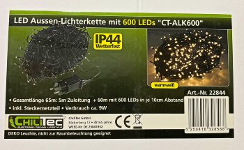LED Aussen-Lichterkette "CT-ALK600" 60m - warmweiß, Kabel schwarz, IP44, 600 LEDs