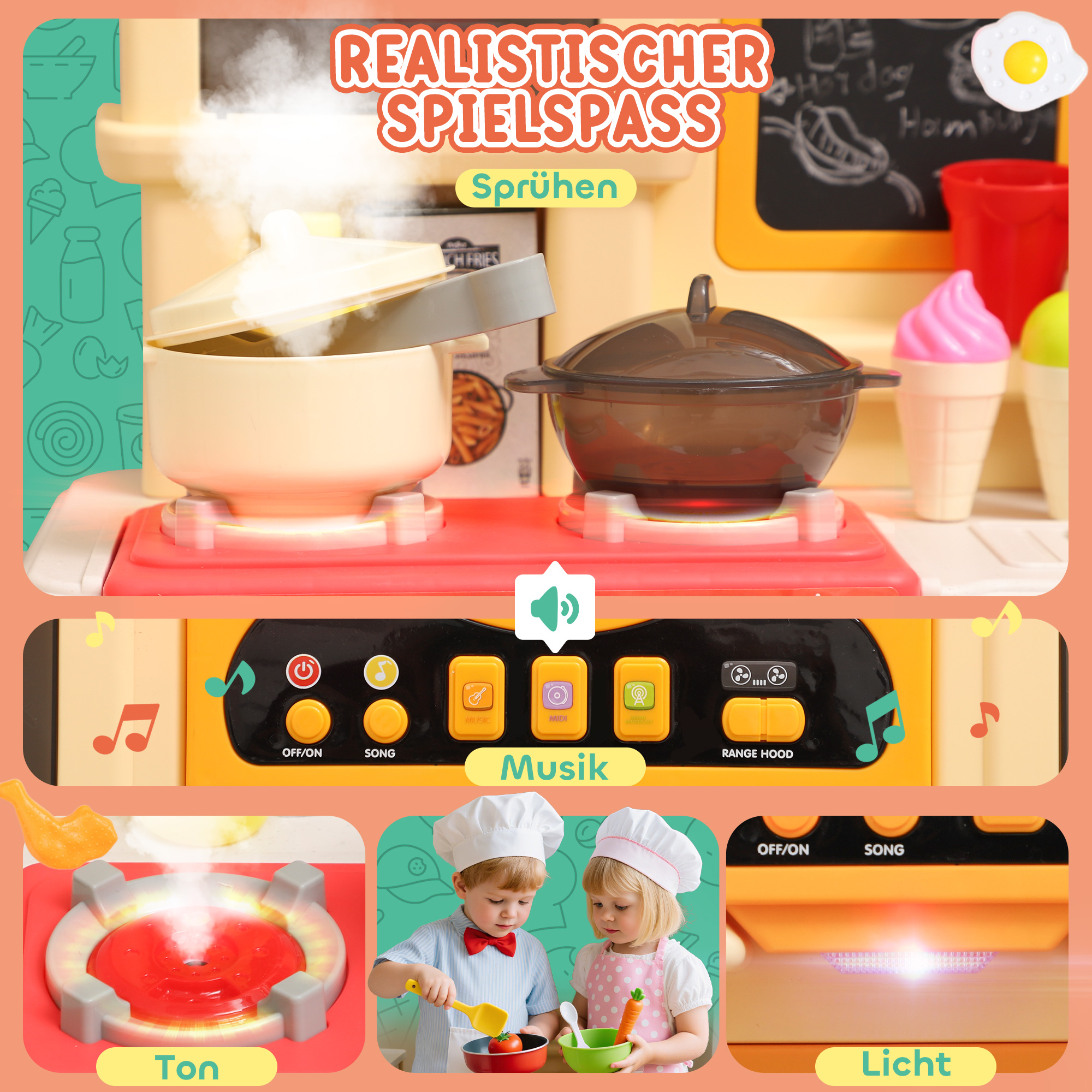 Spielküche mit fließendem Wasser, 85-teiliges Zubehör, elektrischer Wasserhahn, Lichter, Geräusche, für Kinder von 3-6 Jahren, Kunststoff, Grün