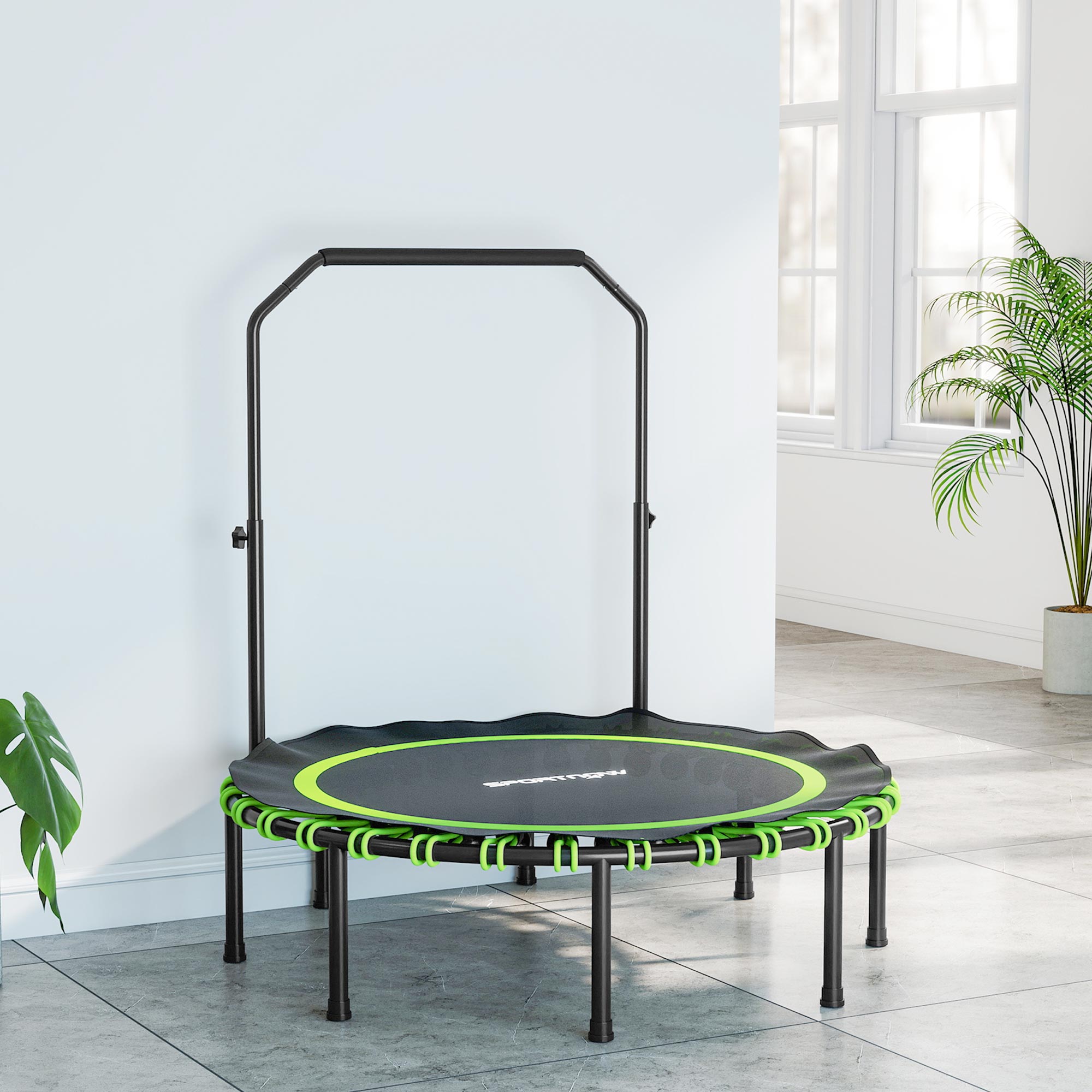 Fitness-Trampolin mit verstellbarem Handlauf, Sport-Trampolin für drinnen und draußen, Stahl, Kunststoff, Grün