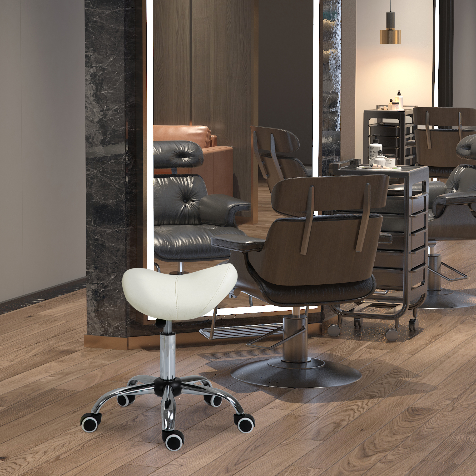 Rollhocker höhenverstellbar Drehhocker 49-61 cm Arbeitshocker drehbar Sattelhocker für Büro Salon Massage Spa Weiß