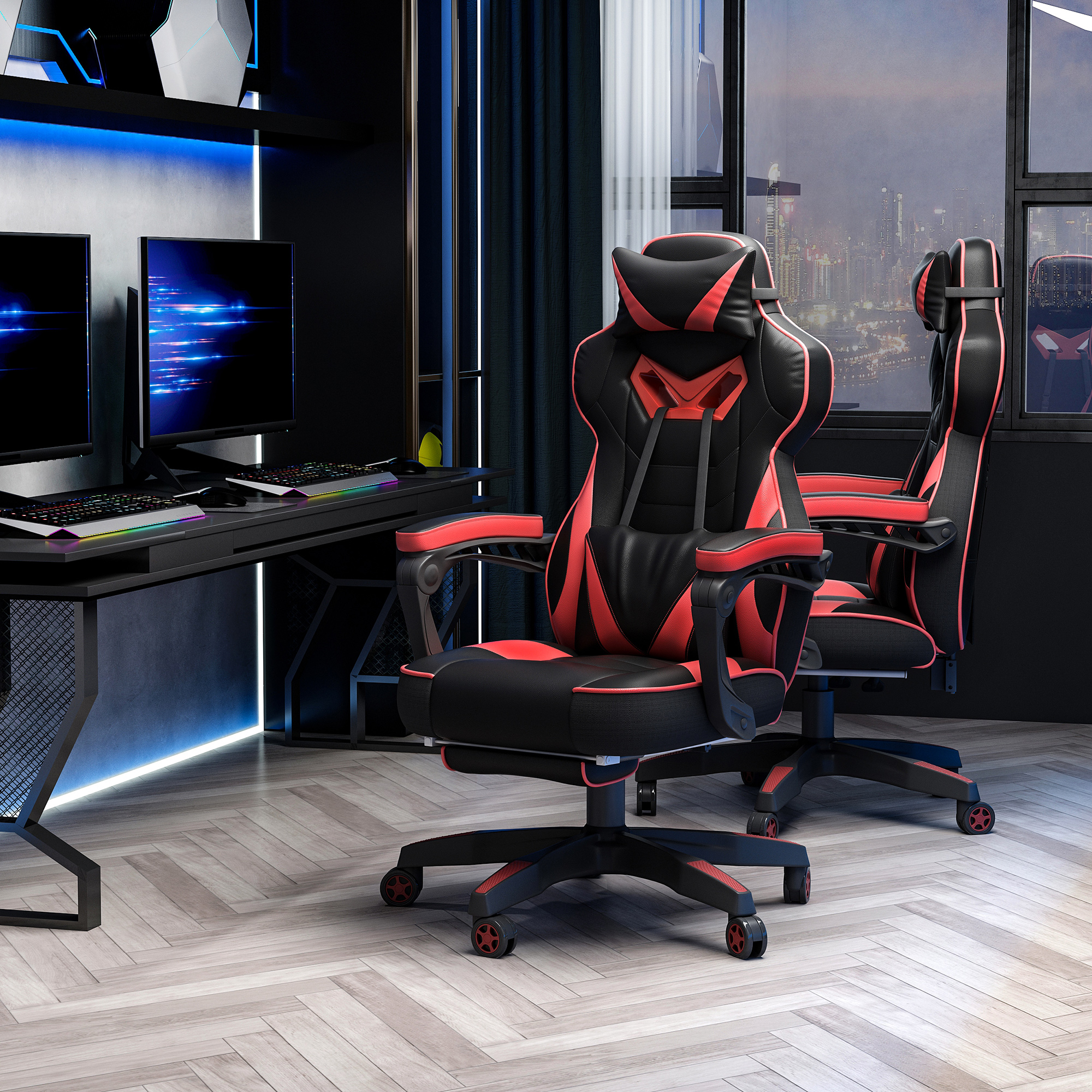 Ergonomischer Bürostuhl, Gaming Stuhl, Drehstuhl mit einziehbare Fußstütze und verstellbarer Rücken Schaumstoff+PU-Leder+Metall, Schwarz+Rot, 65 x 70 x 118,5-128,5 cm