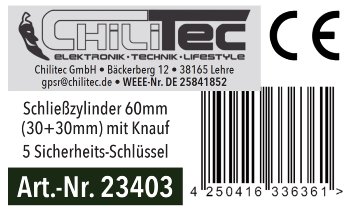 Schließzylinder 60mm (30+30mm) mit Knauf - Profil-Zylinder, 5 Sicherheits-Schlüssel