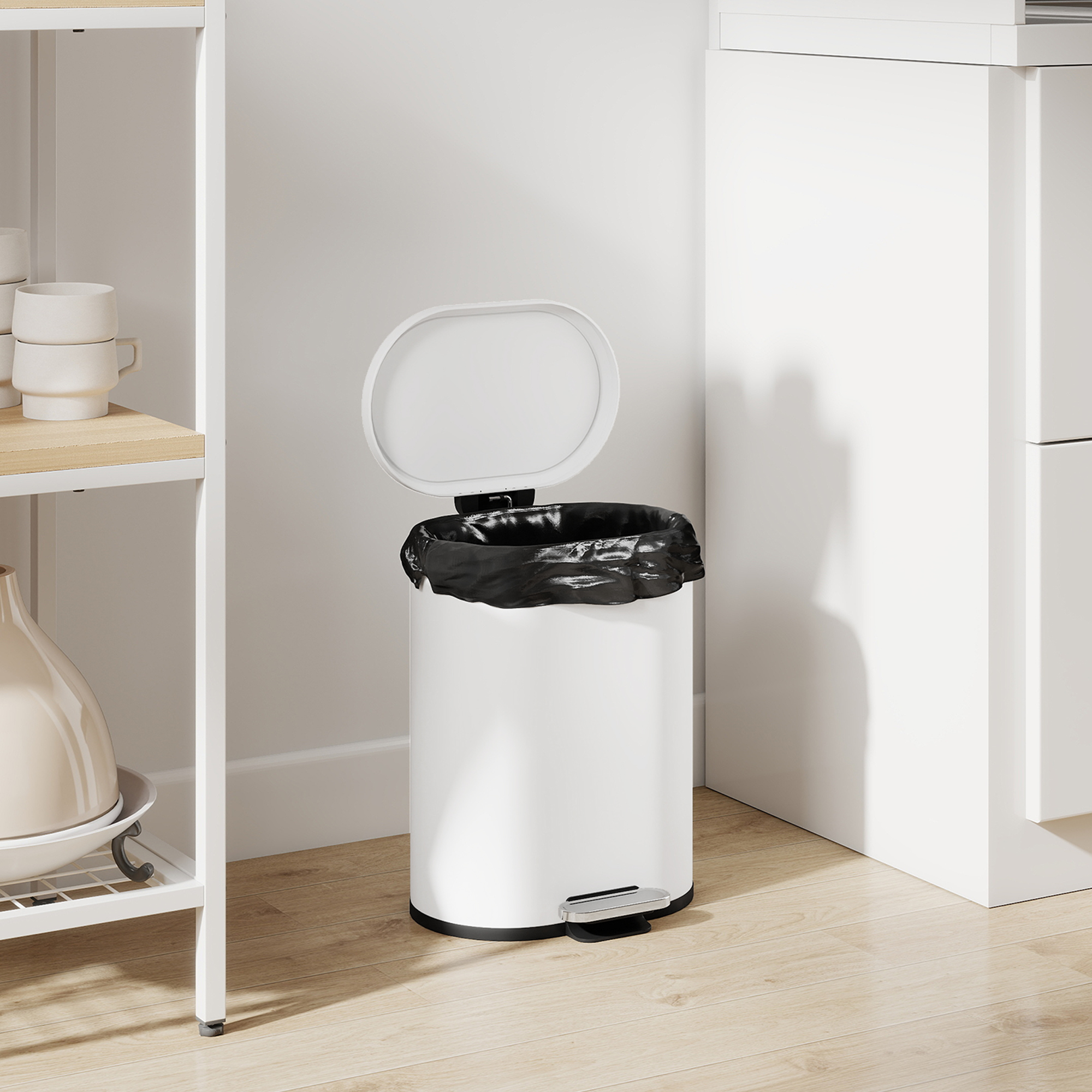Mülleimer 12L Treteimer Abfalleimer mit Deckel, Fußpedal, Inneneimer, Soft-Close-Funktion, 30 x 25,5 x 37,5 cm, Weiß