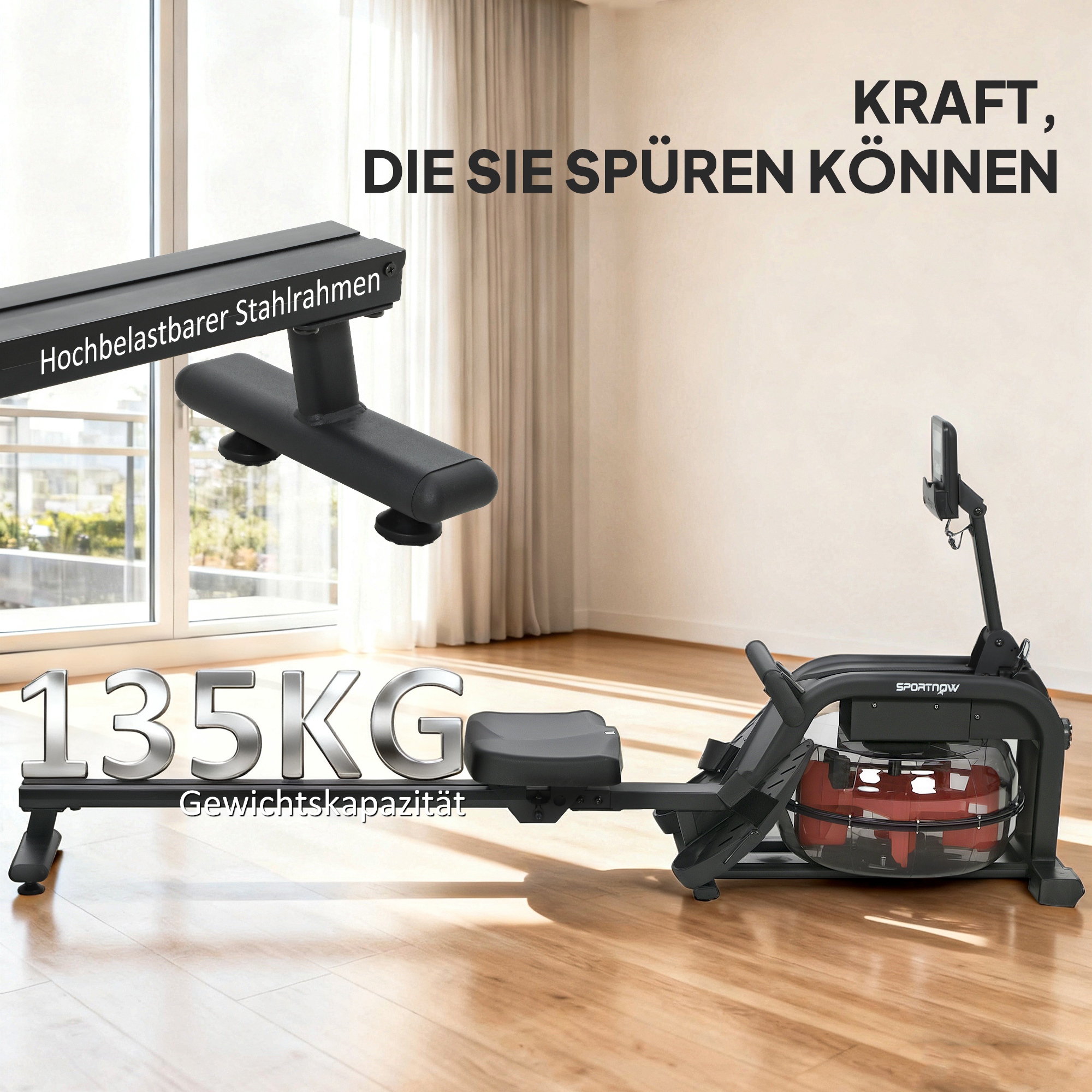 Rudergerät für Training, Rudermaschine mit 6-11 L Wassertank, LCD-Monitor, Handyhalter, 135 kg Tragfähigkeit, Stahl, Schwarz