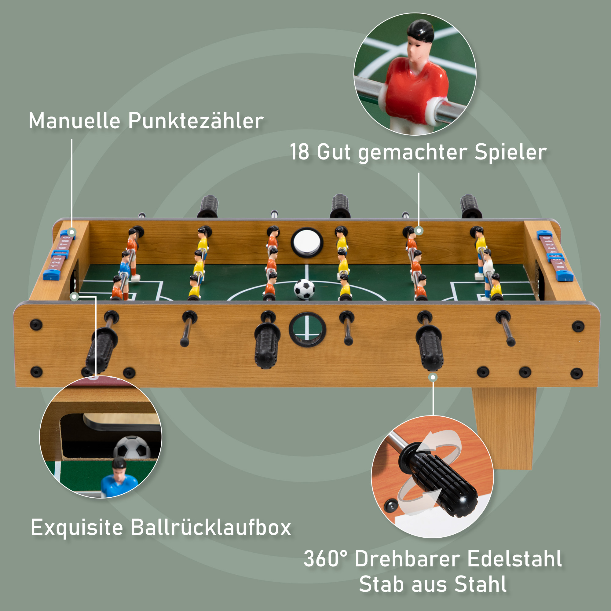 Tischfußball-Set, Kicker-Tisch, kompakte Holzstruktur, 2 Bälle, Scoreboards, Braun
