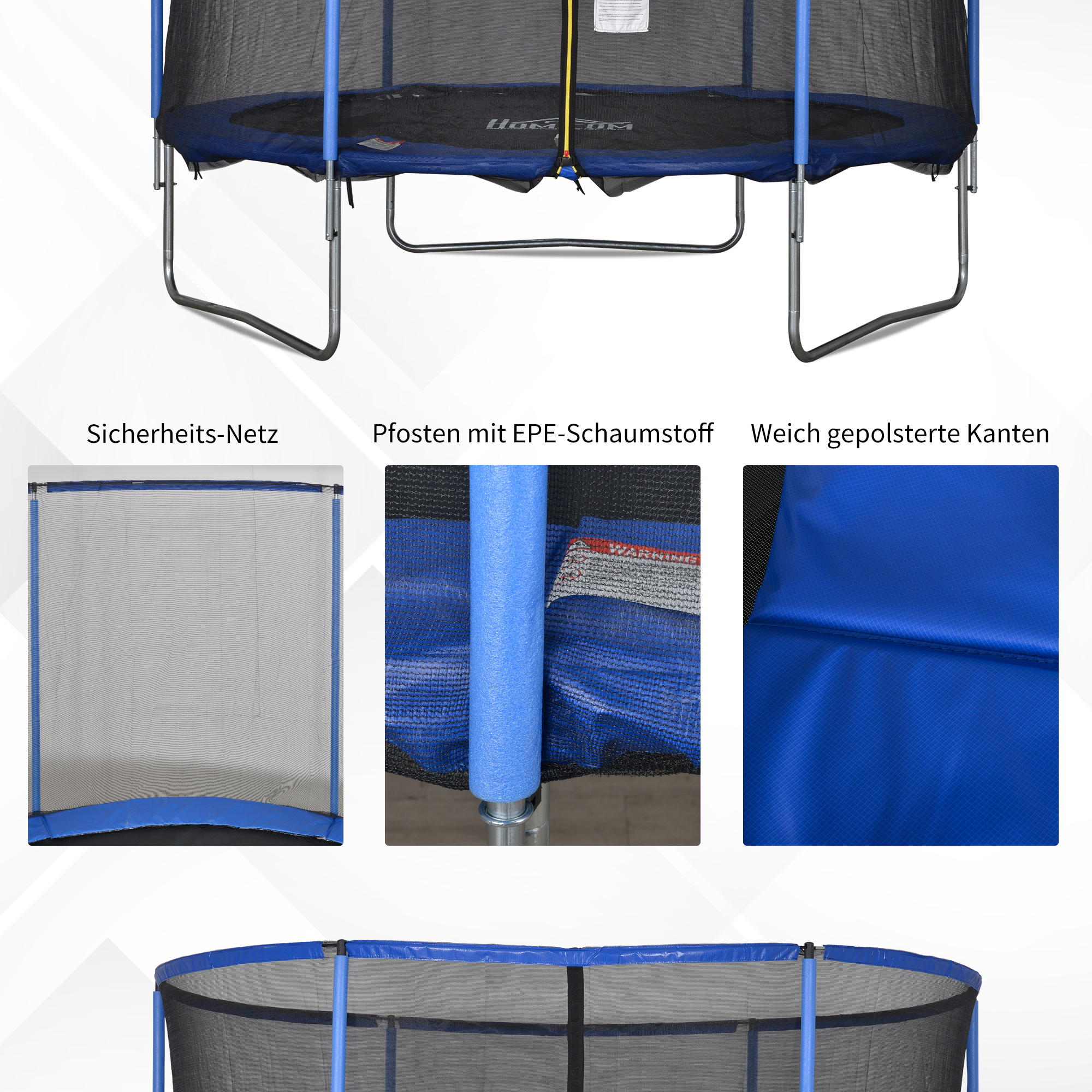Trampolin mit Sicherheitsnetz Gartentrampolin für Innen- und Außenbereich Fitnesstrampolin für Jugendliche und Erwachsene Stahl Blau+Schwarz bis 113,6 kg Ø305 x 248H cm