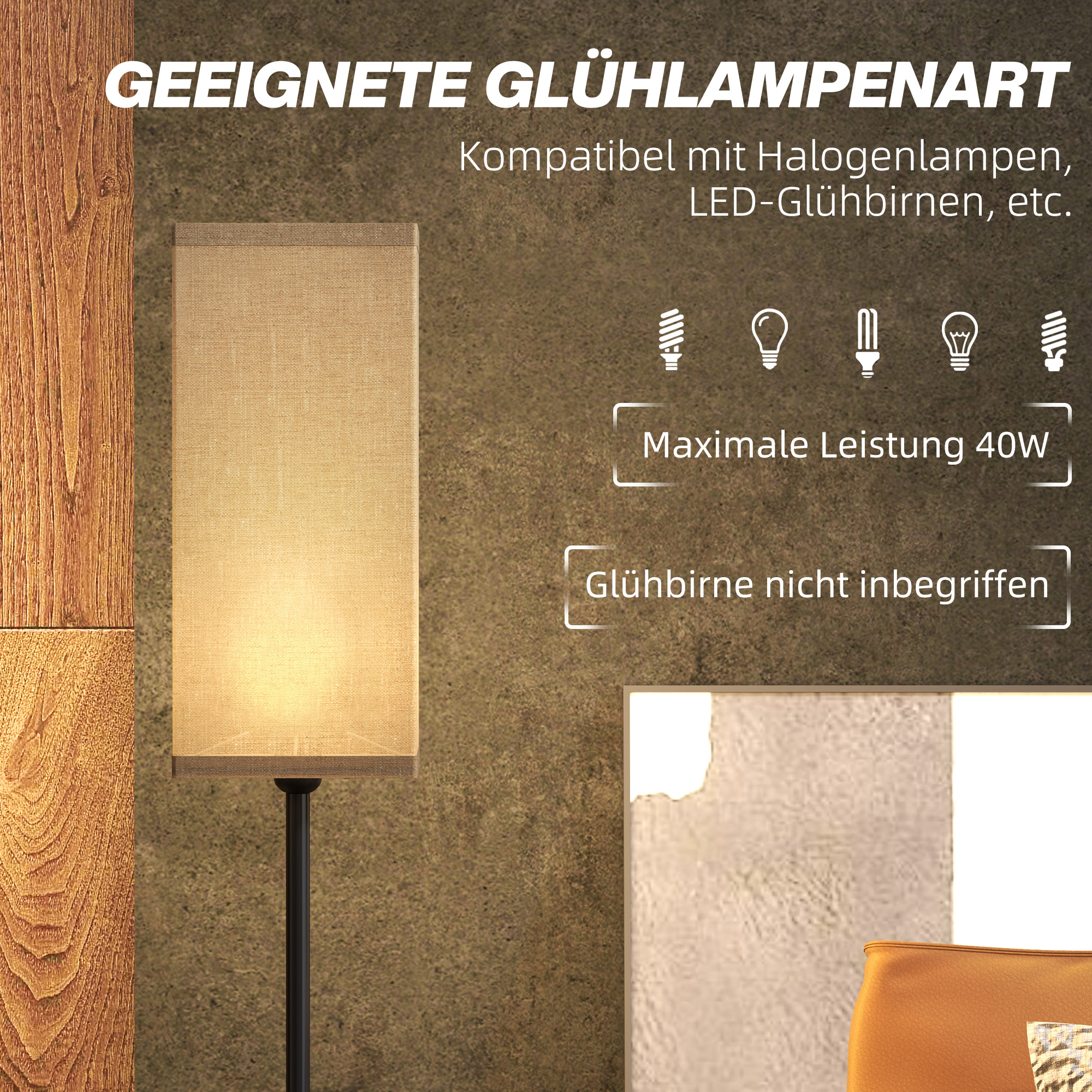 Moderne Stehlampe mit Kunstleinen-Schirm und Fußschalter, für Wohnzimmer und Schlafzimmer, Metall, Schwarz