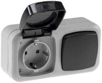 Feuchtraum Kombi-Schalter/Steckdose,IP44 - 250V~/ 10/16A, grau, AP horizontal