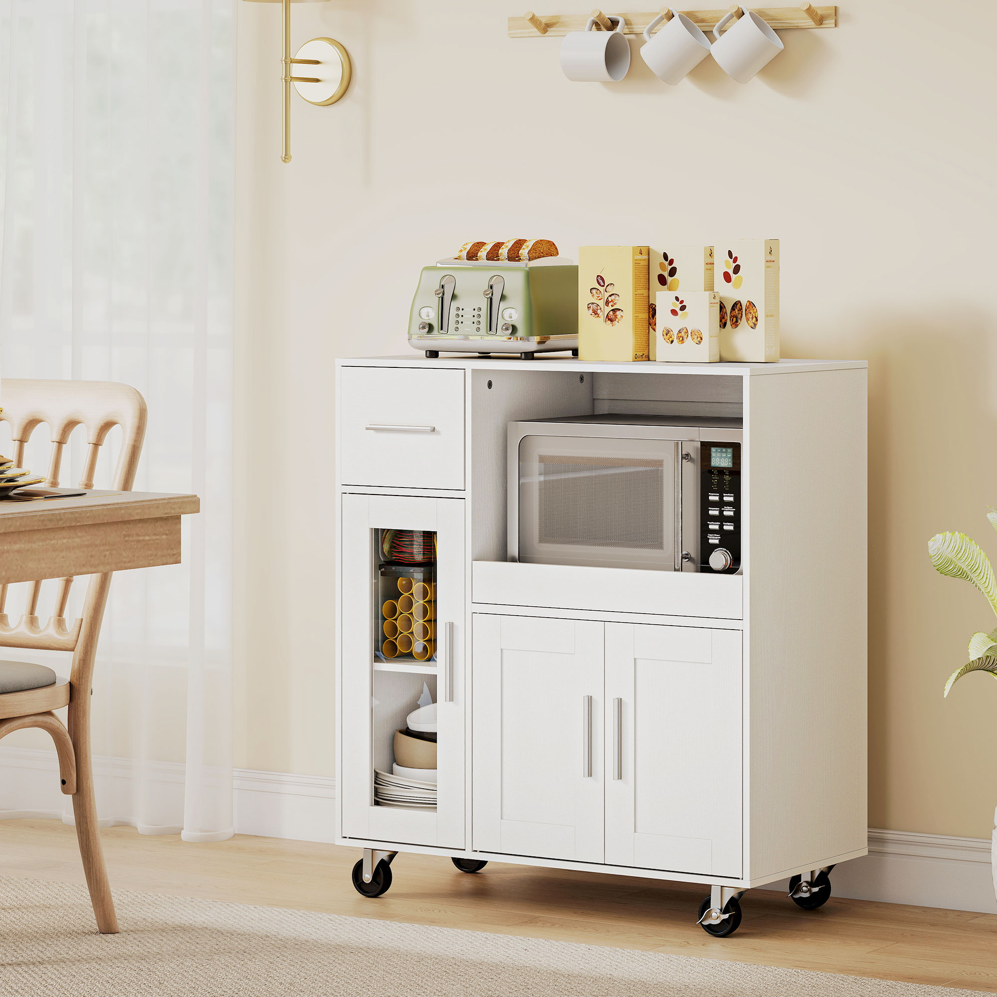 Küchenschrank auf Rädern, Mobile Küchenkommode mit Ablagen, Schubladen, verstellbarem Regal, Kabelloch, Weiß