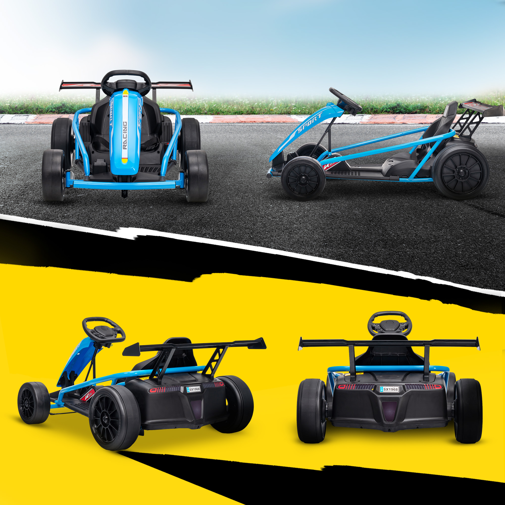 24V Elektro-Go-Kart zum Fahren und Driften, Nylon-Reifen, Sicherheitsgurt, Hupe, Musik für 8-12 Jahre Blau
