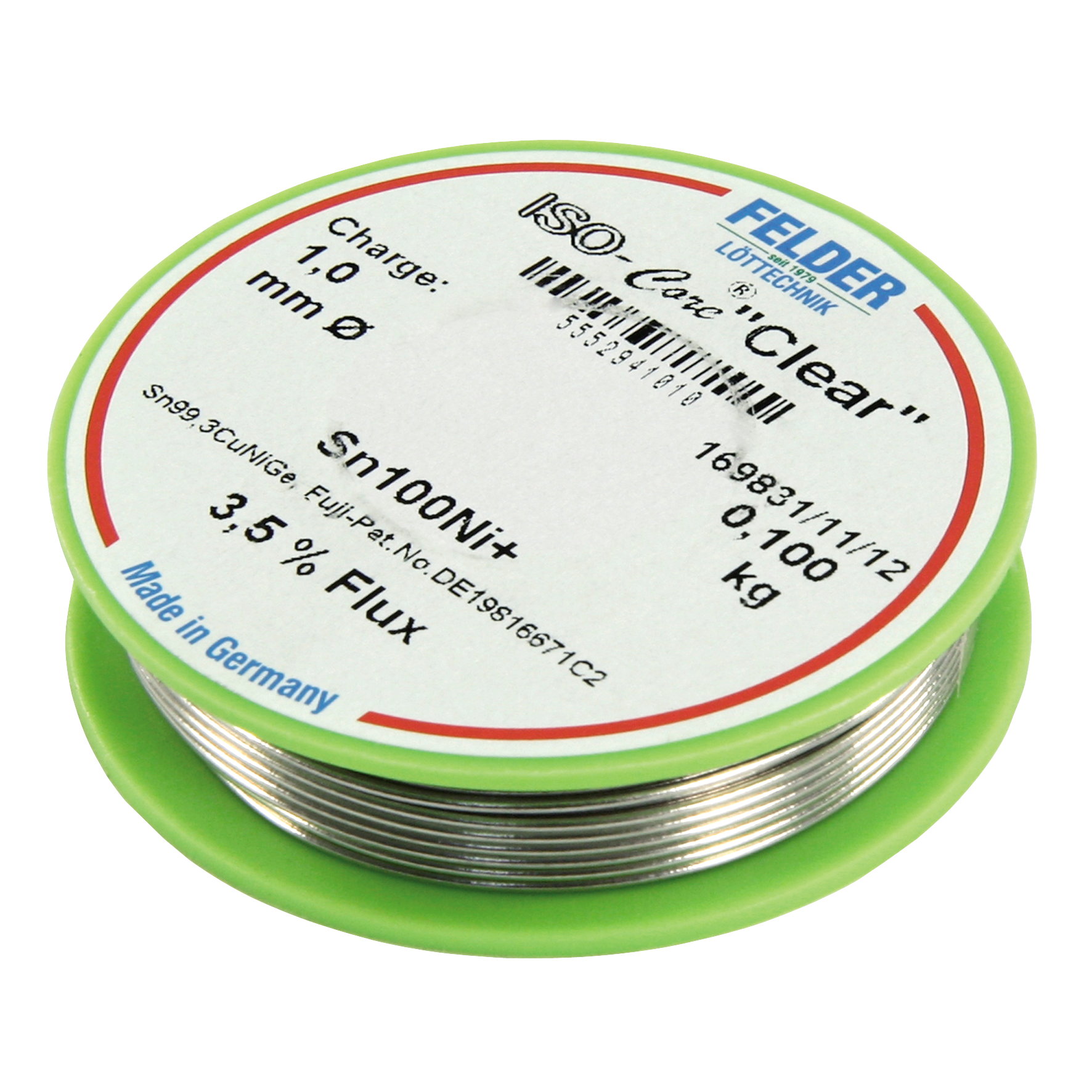 Lötzinn auf Rolle FELDER, ISO-Core ''Clear'', 1,0mm, 100g, bleifrei (Sn100%Ni+)