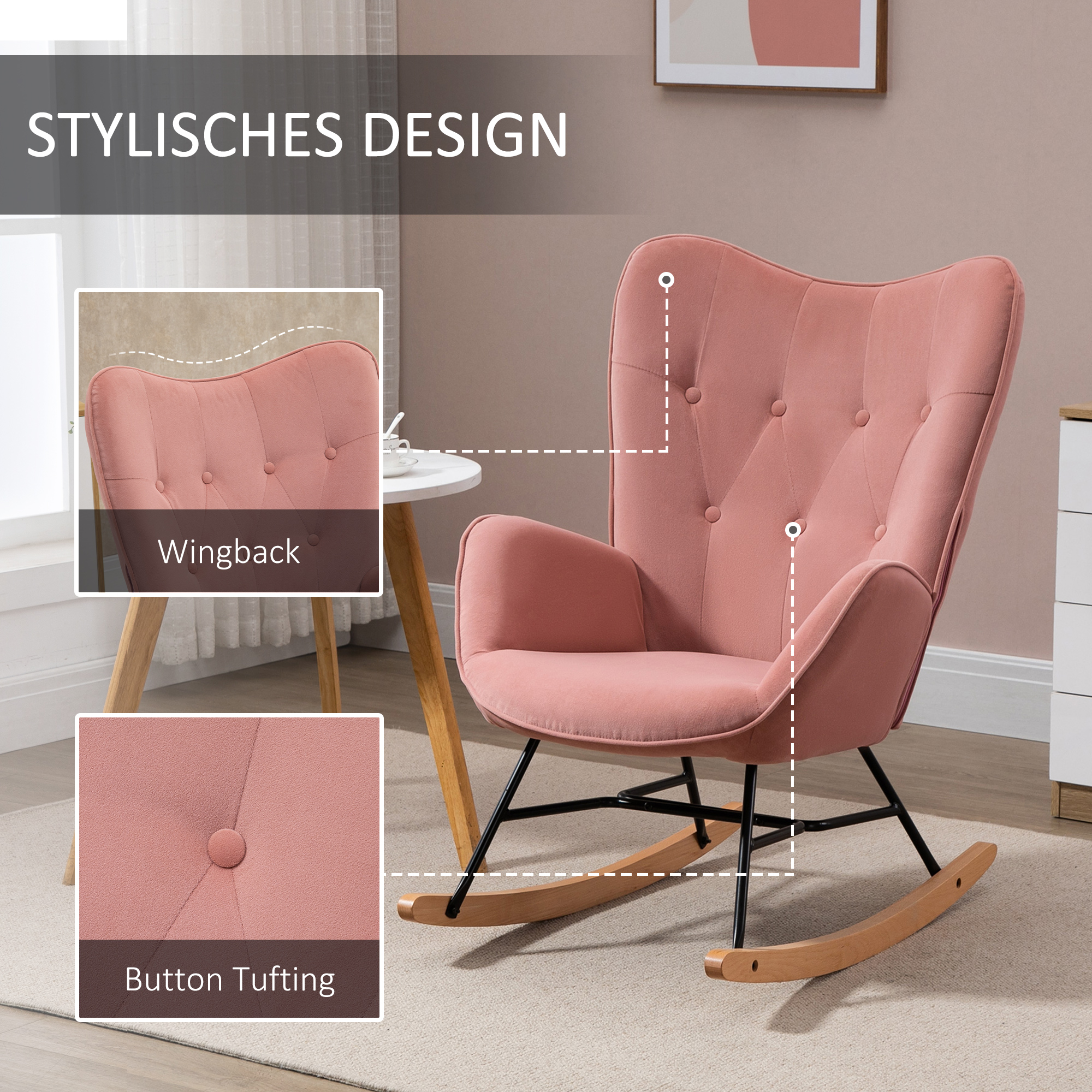 Schaukelstuhl mit Steppung, Holzkufen, Samtoptik, bis 150 kg, Rosa