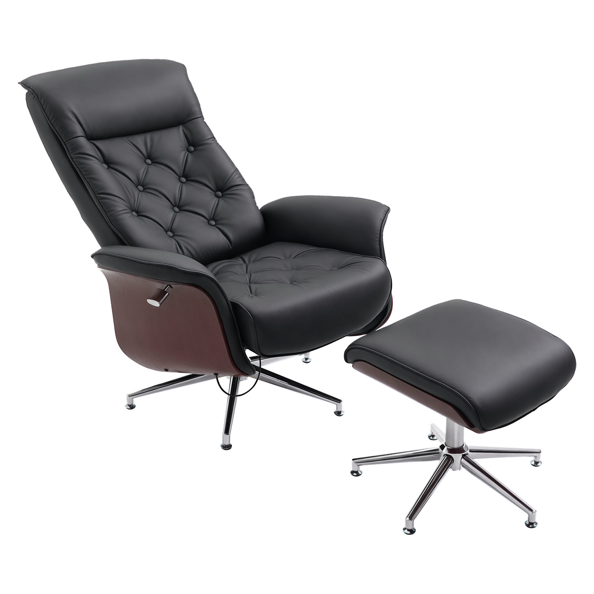 Relaxsessel mit Hocker Fernsehsessel Polstersessel 360° drehbar 145° neigbar mit Retro-Design Chesterfield PU-Bezug Holzverkleidung Metallfuß Schwarz 82 x 83 x 110 cm