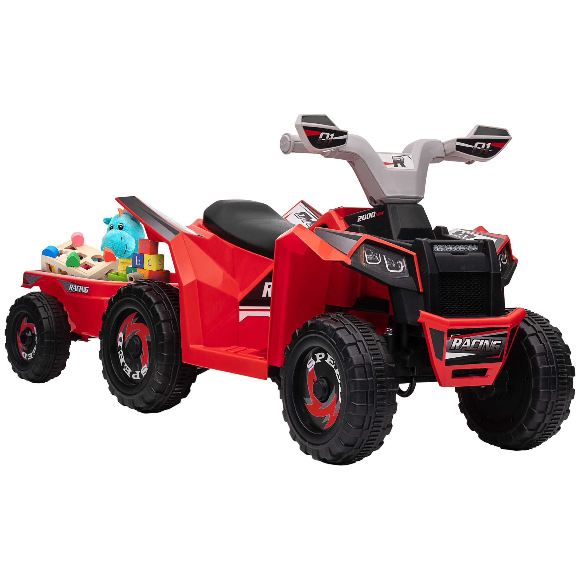 Kinderquad mit Anhänger, 2,5 km/h, 50 Minuten Fahrtzeit, für 1,5 bis 3 Jahre, bis 25 kg, Rot Kinderquad mit Anhänger, 2,5 km/h, 50 Minuten Fahrtzeit, für 1,5 bis 3 Jahre, bis 25 kg, Rot