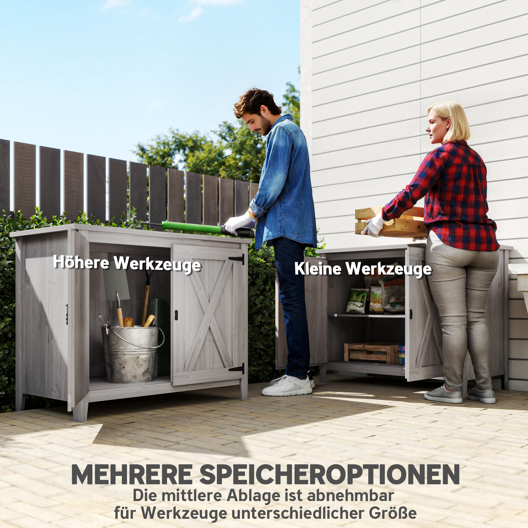 Gartenschrank, Holzschrank für Gartengeräte, Outdoor-Schrank für Terrasse, mit Doppeltüren, Scheunendesign, Hellgrau