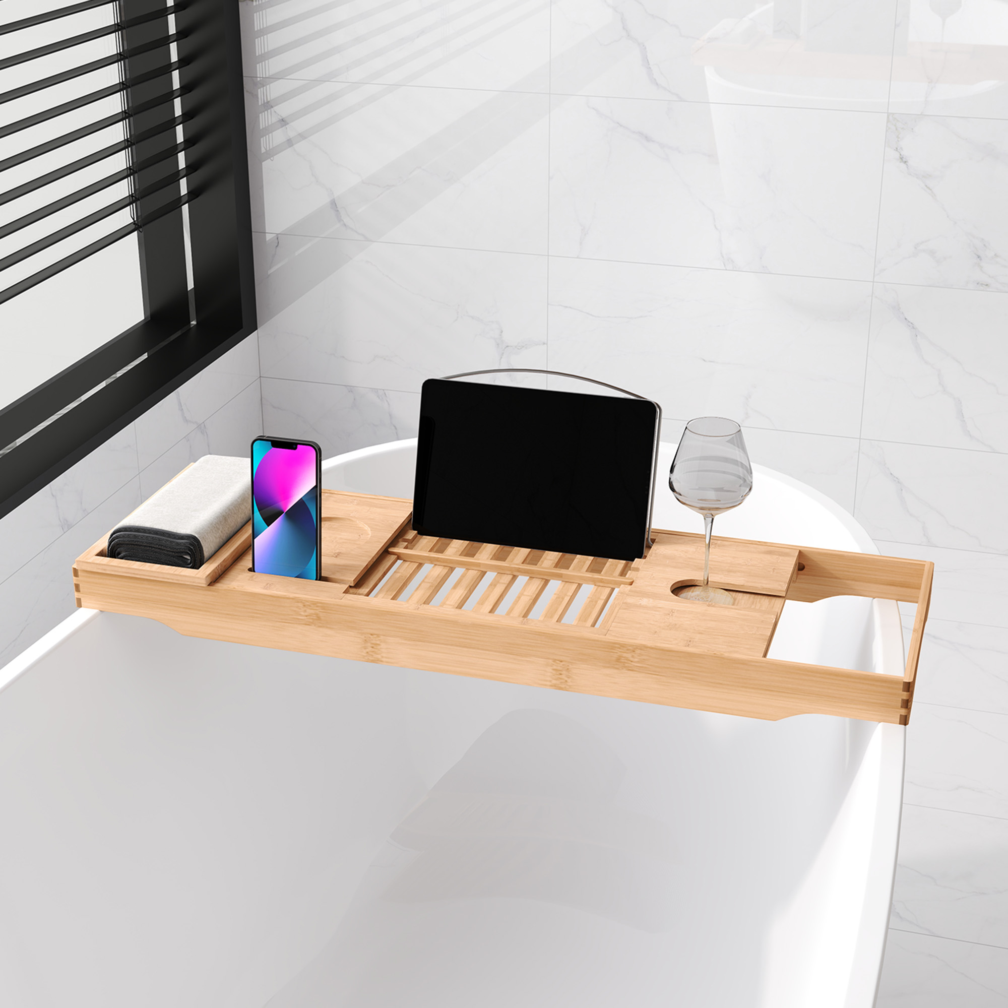 Badewannenablage Bambus verstellbares Badewannenbrett Badewannentablett für Buch, iPad, Telefon, SPA