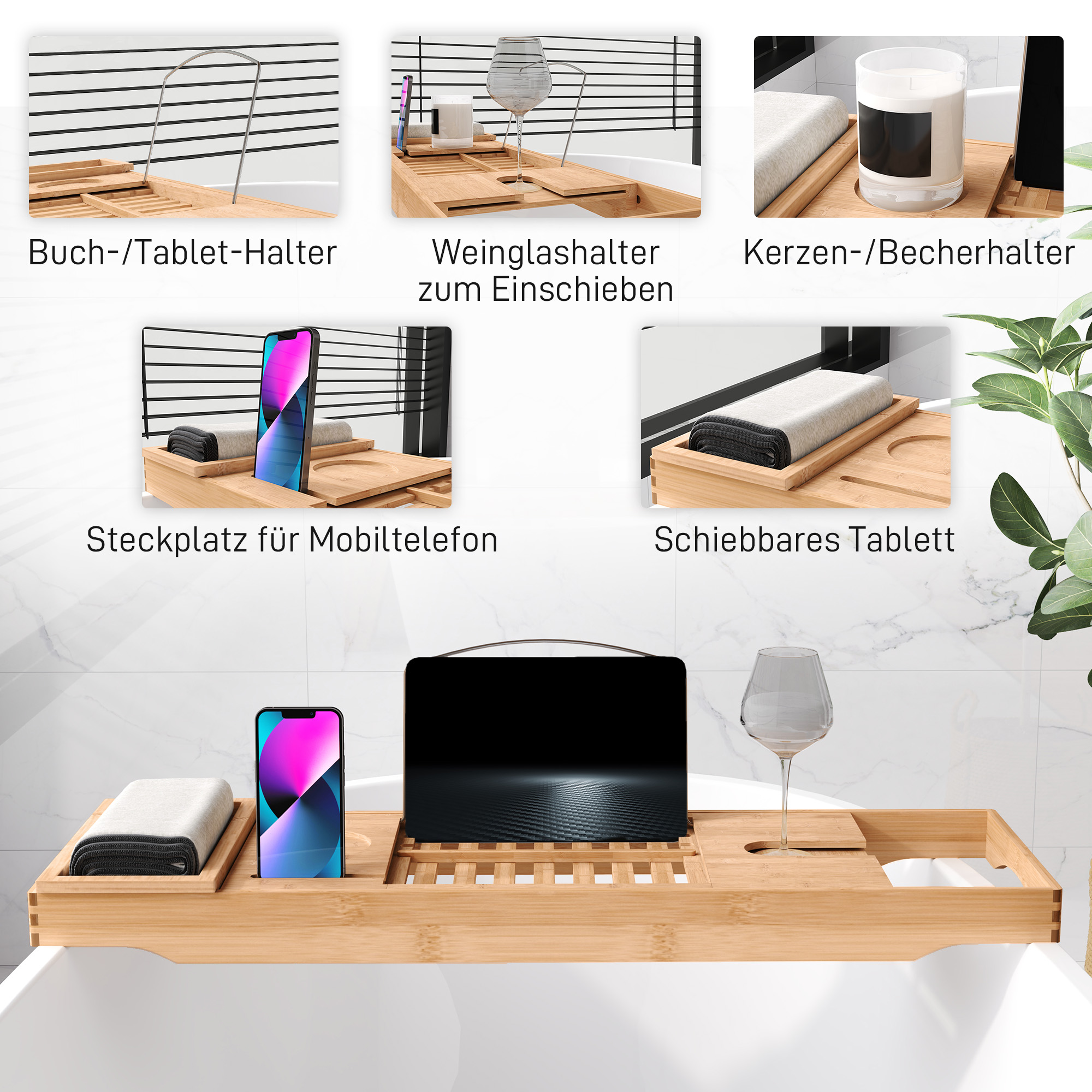 Badewannenablage Bambus verstellbares Badewannenbrett Badewannentablett für Buch, iPad, Telefon, SPA