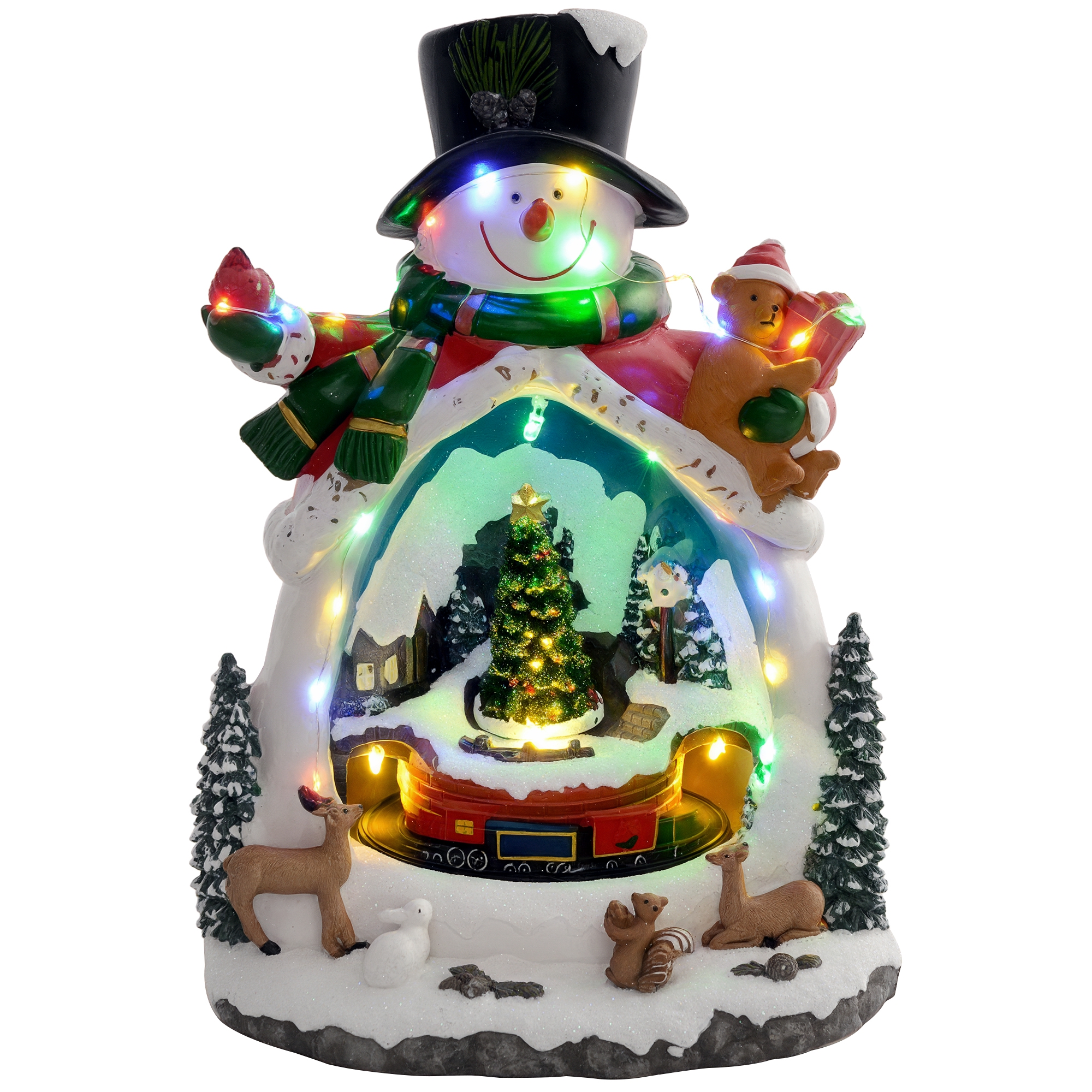 Weihnachtsdorf in Schneemann-Form mit fahrendem Zug, LED-Lichtern und Musik, festliche Tischdekoration, Mehrfarbig