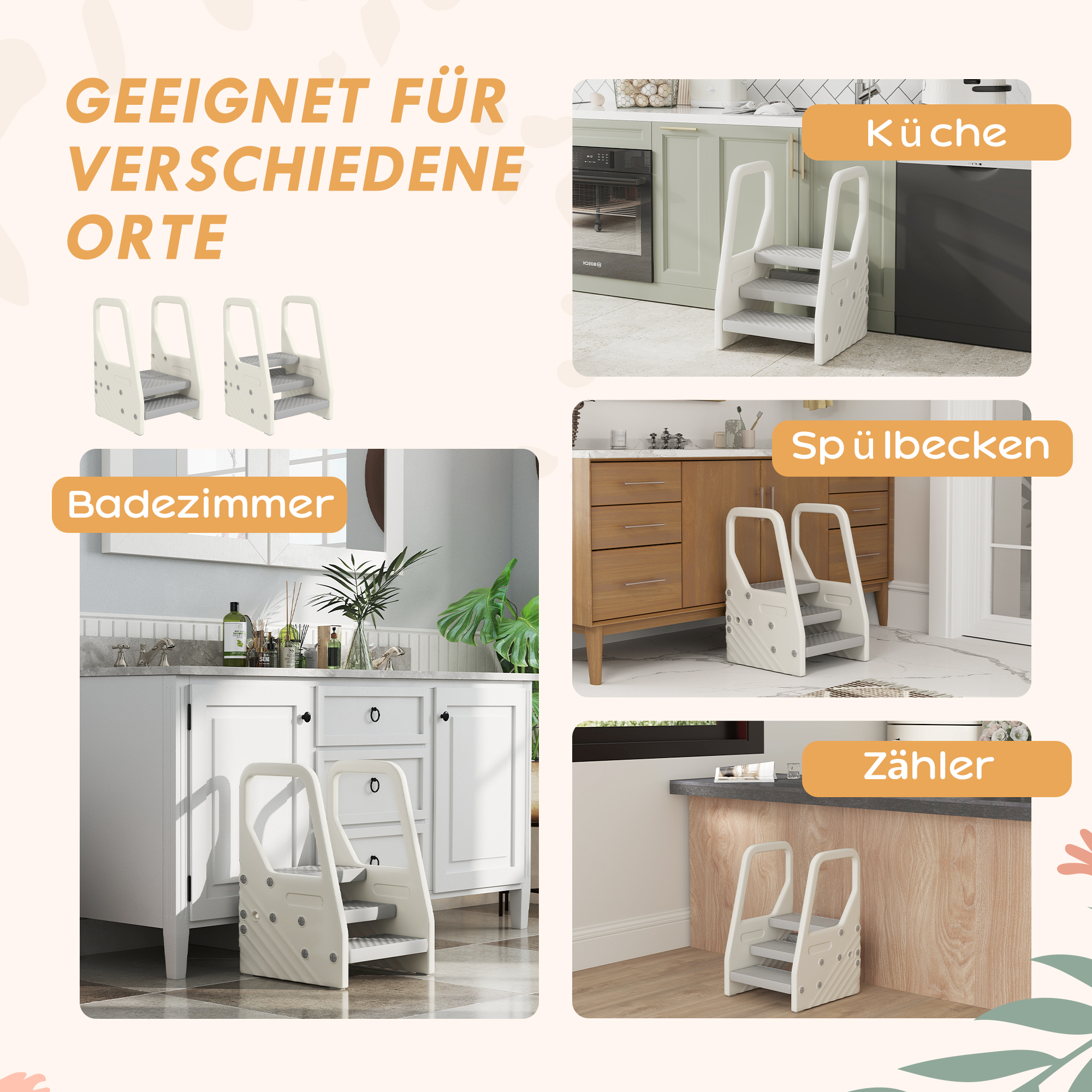 Kinder-Tritthocker, von 3 auf 2 Stufen verstellbar, mit Handgriff, Rutschfest, für verschiedene Räume, Kunststoff, Grau