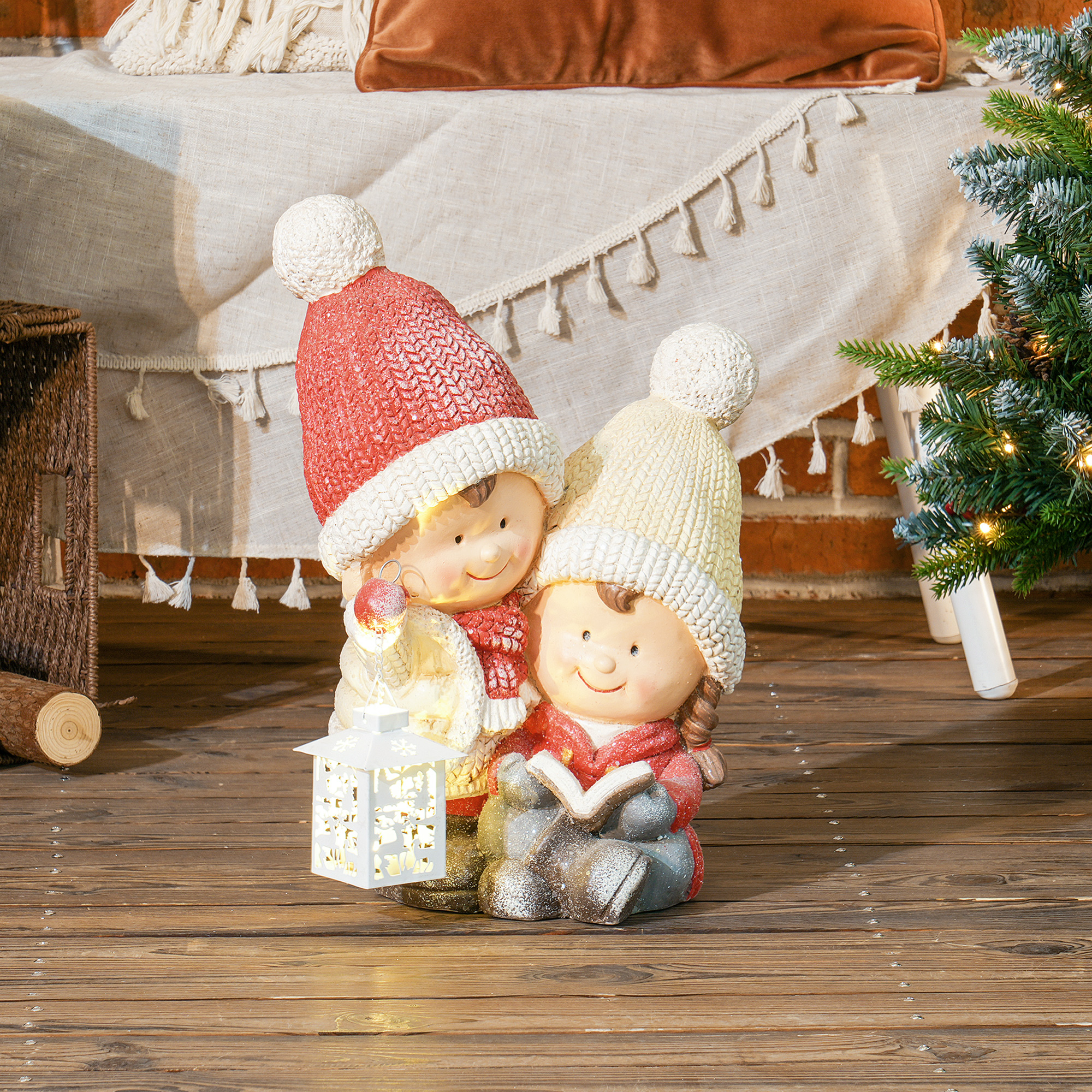 Weihnachtswichtel mit Buch & Laterne, LED, batteriebetrieben, 30 x 23 x 45 cm