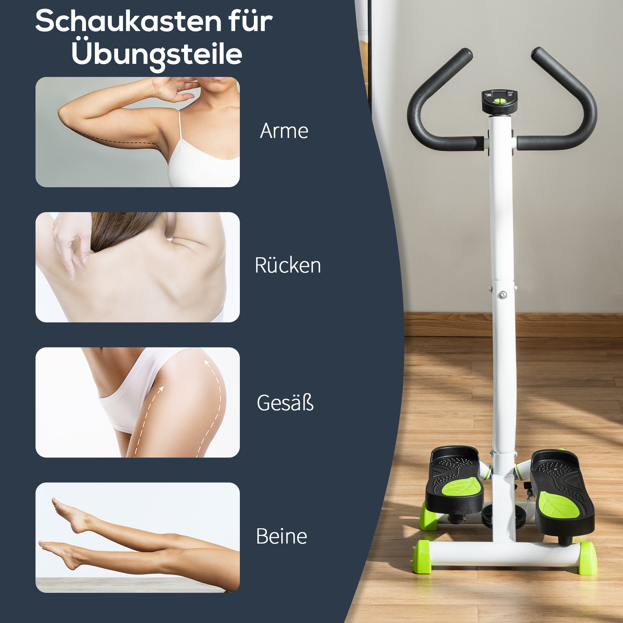 Stepper Fitnessgerät, LCD-Monitor, rutschfeste Pedale, Stahl und ABS, 55x44x108 cm, Grün+Schwarz