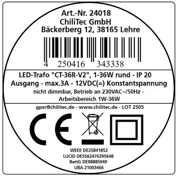 LED-Trafo "CT-36E", 0,5-36W, rund / Ein 220-240V, Aus 12V= Konstantspannung