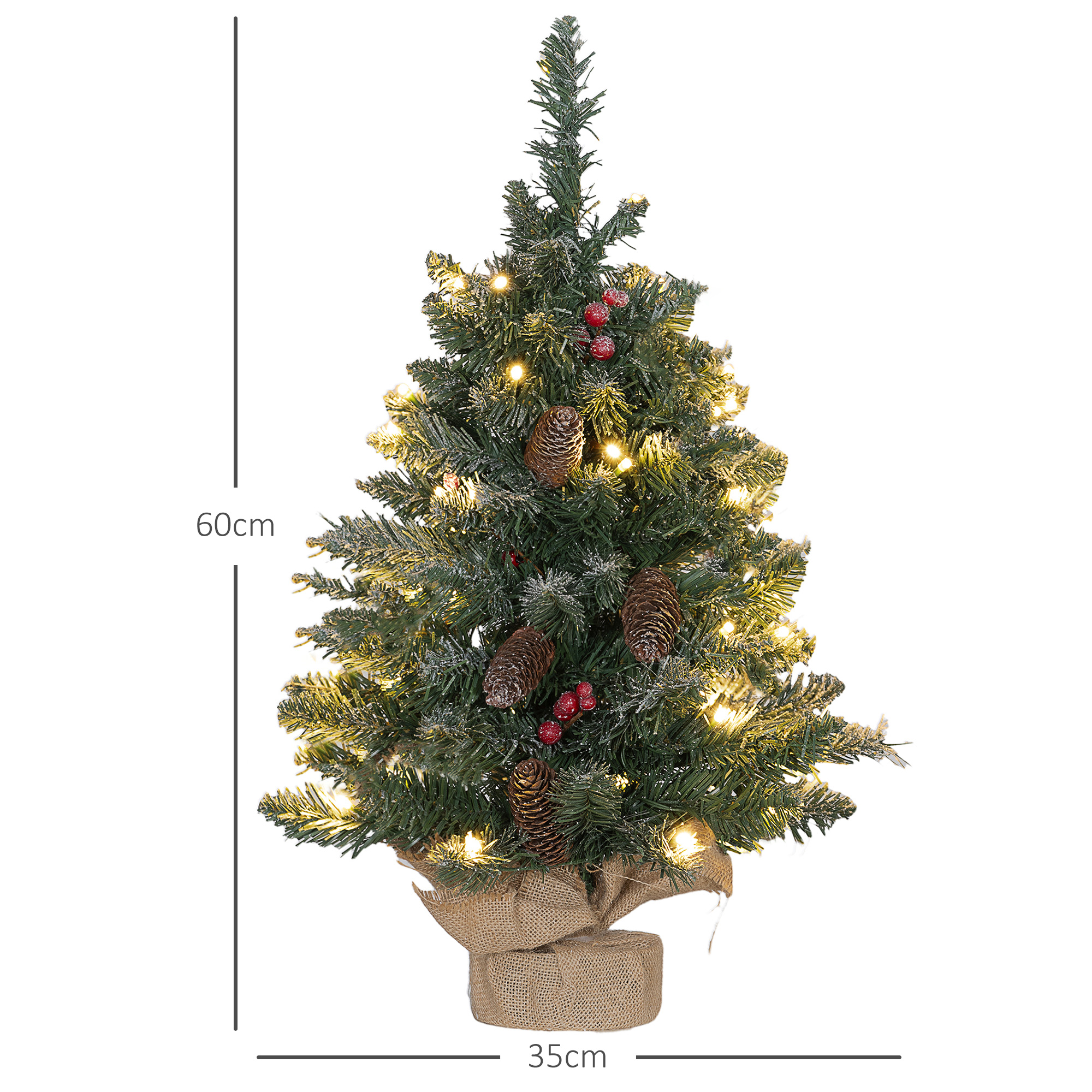 Weihnachtsbaum mit LED-Beleuchtung, 60 cm, Tannenzapfen und rote Beeren, inkl, Ständer, Grün/Weiß