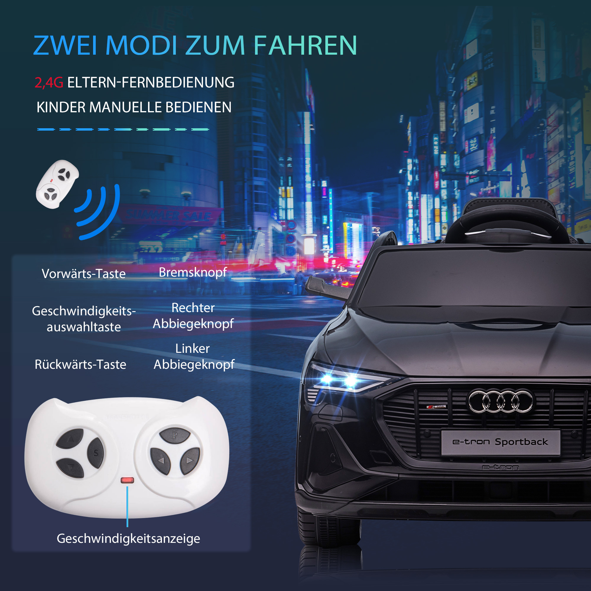 Elektro Kinderauto 12V Elektrofahrzeug Audi E-tron Elektroauto mit Fernbedienung, Sicherheitsgurt, Musik (MP3/USB/TF), Kinderfahrzeug für Kinder 3-5 Jahre, 3-5 km/h, Schwarz