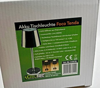 LED Akku-Tischleuchte "Foco Tenda" - 2900K, IP44, Touchschalter, 30cm