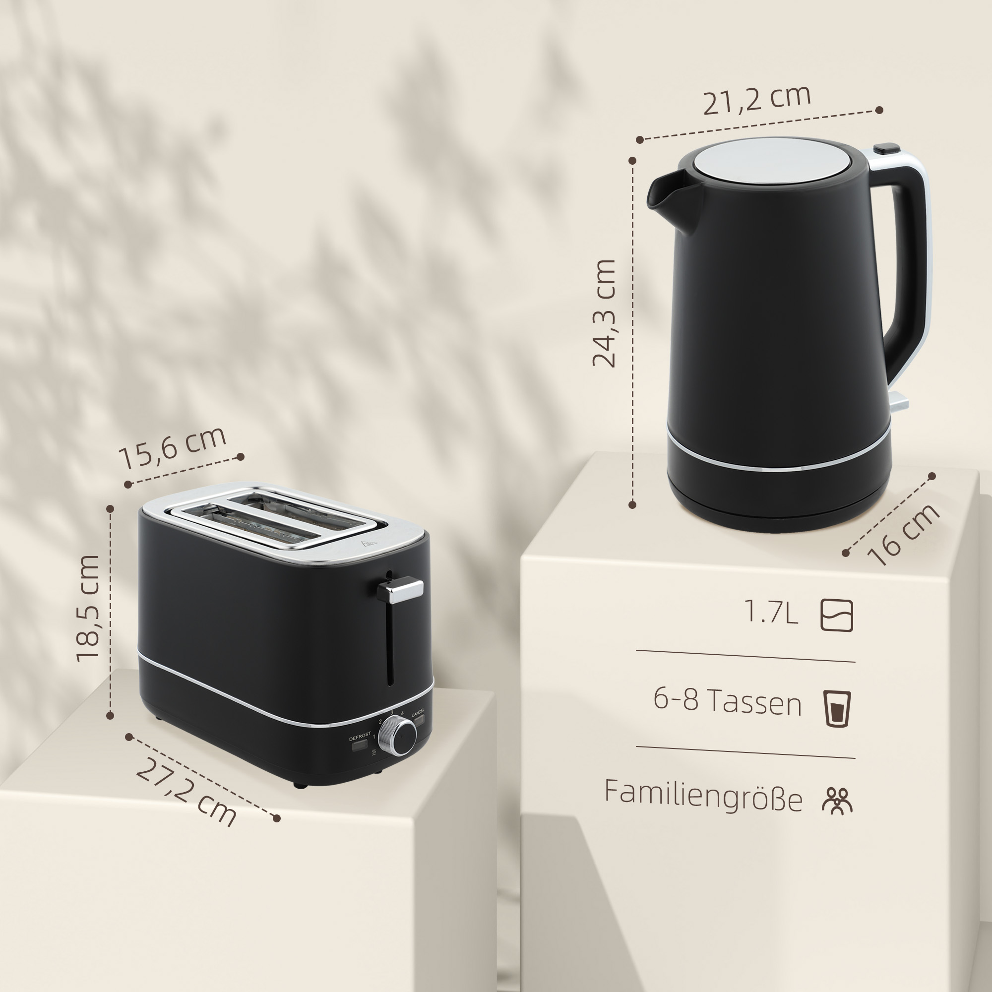 Set aus 1,7 L Wasserkocher und Toaster mit 6 Bräunungsstufen, Schwarz/Stahl