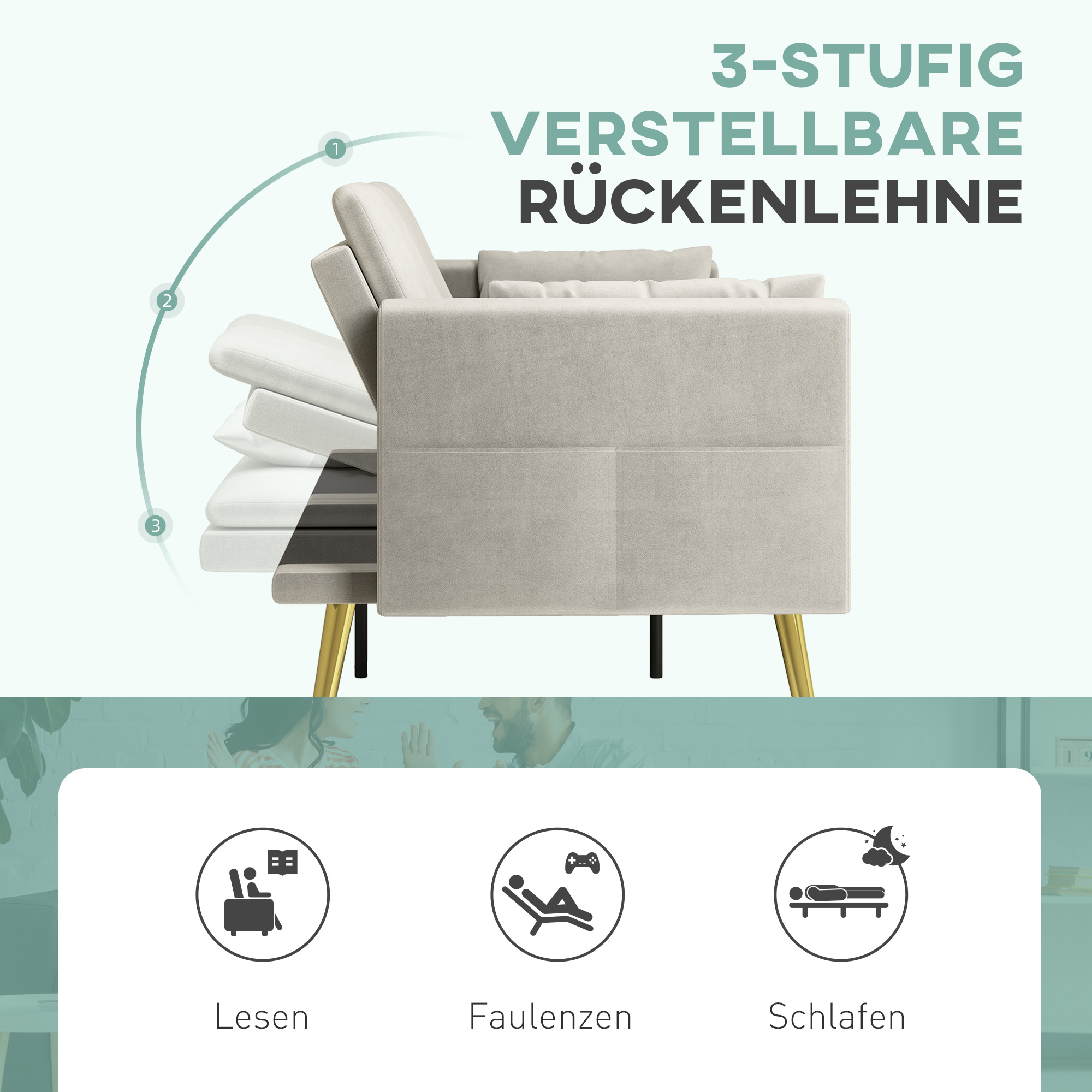 2-Sitzer Bettsofa, Verstellbare Rückenlehne, weiche Kissen, samtartiger Bezug, für Wohnzimmer, Gästezimmer, Beige