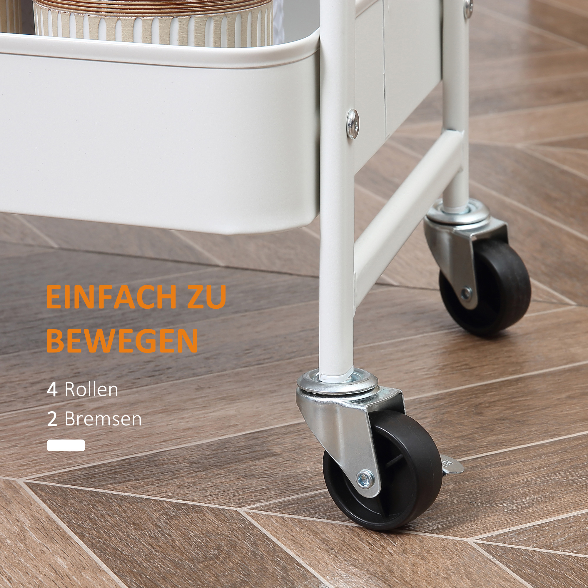 Servierwagen mit 3 Ebenen Küchenwagen mit Rollen Griff Küchenregal mit Korb und Deckel Rollwagen Allzweckwagen für Küche Büro Badezimmer, Weiß