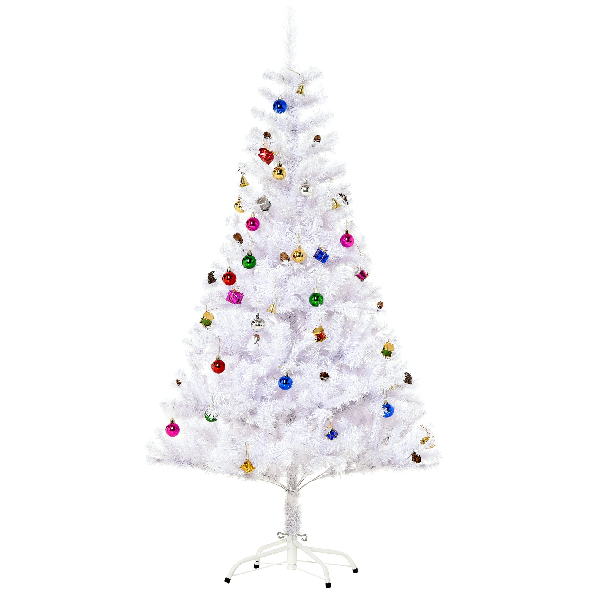 Künstlicher Weihnachtsbaum 150 cm künstlich Tannenbaum mit Kugeln, Glocken, Trommeln, Geschenkboxen, Christbaum mit 680 Spitzen, 12 Tannenzapfen Weihnachtsdeko inkl, Metallständer für drinnen