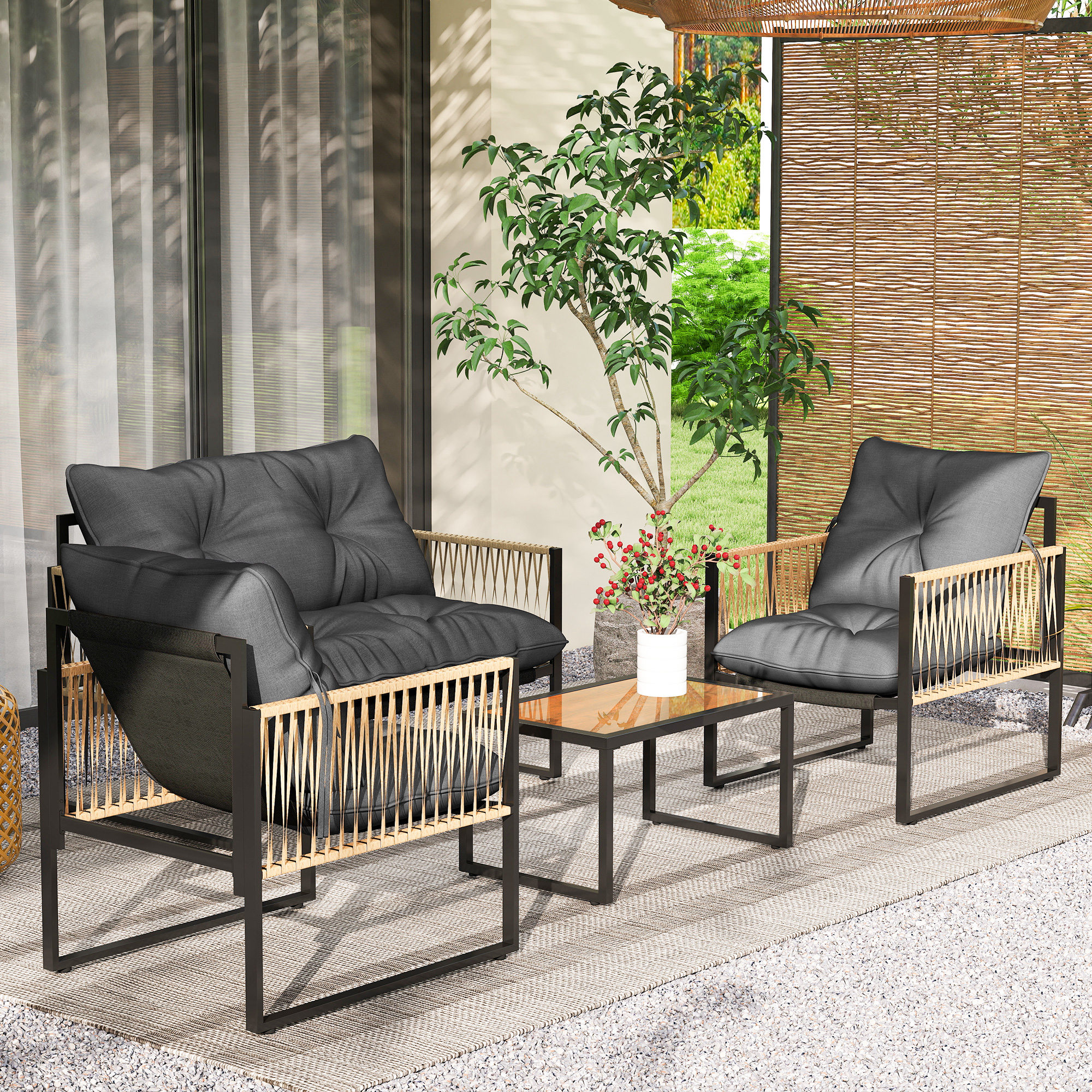 Gartenmöbel-Set, 4-teilig, Sofa, 2 Stühle, Tisch mit Glasplatte, Metallgestell, Polyrattan, Anthrazit