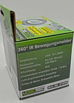 Decken-Einbau-Bewegungsmelder 360° Alu - PIR Sensor, 6m, schwenkbar, silber