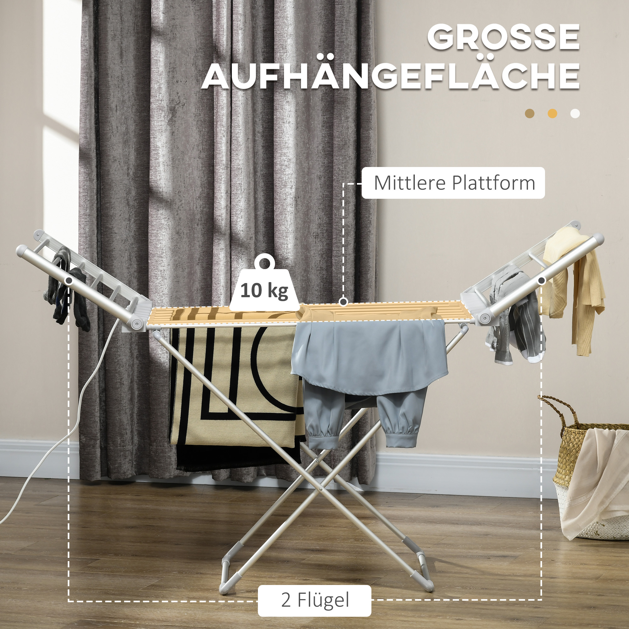 Wäscheständer mit Heizfunktion, 45-55 ?, zusammenklappbar, 144L x 53B x 96H cm