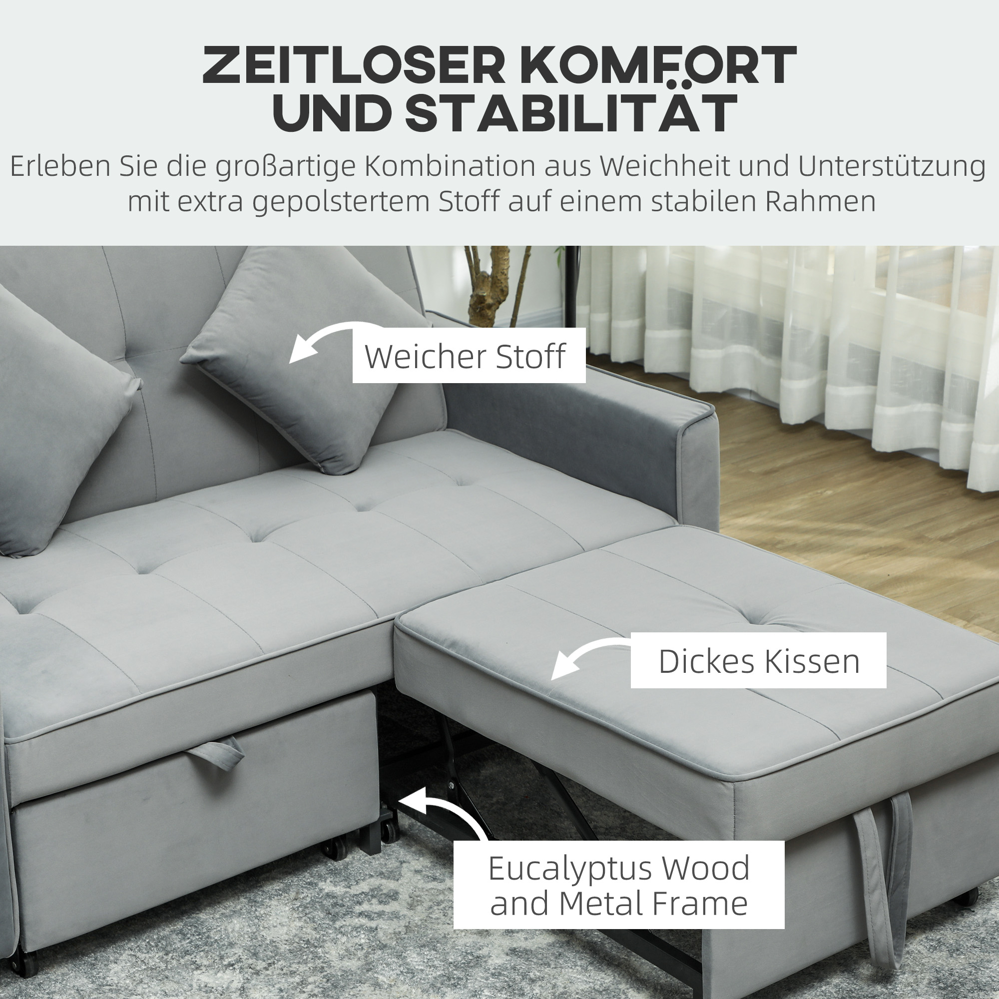 4-in-1 Sofa, Verstellbare Couch, Sofabett, mit Kissen, Stoffbezug, für Wohnzimmer, Schlafzimmer, Grau