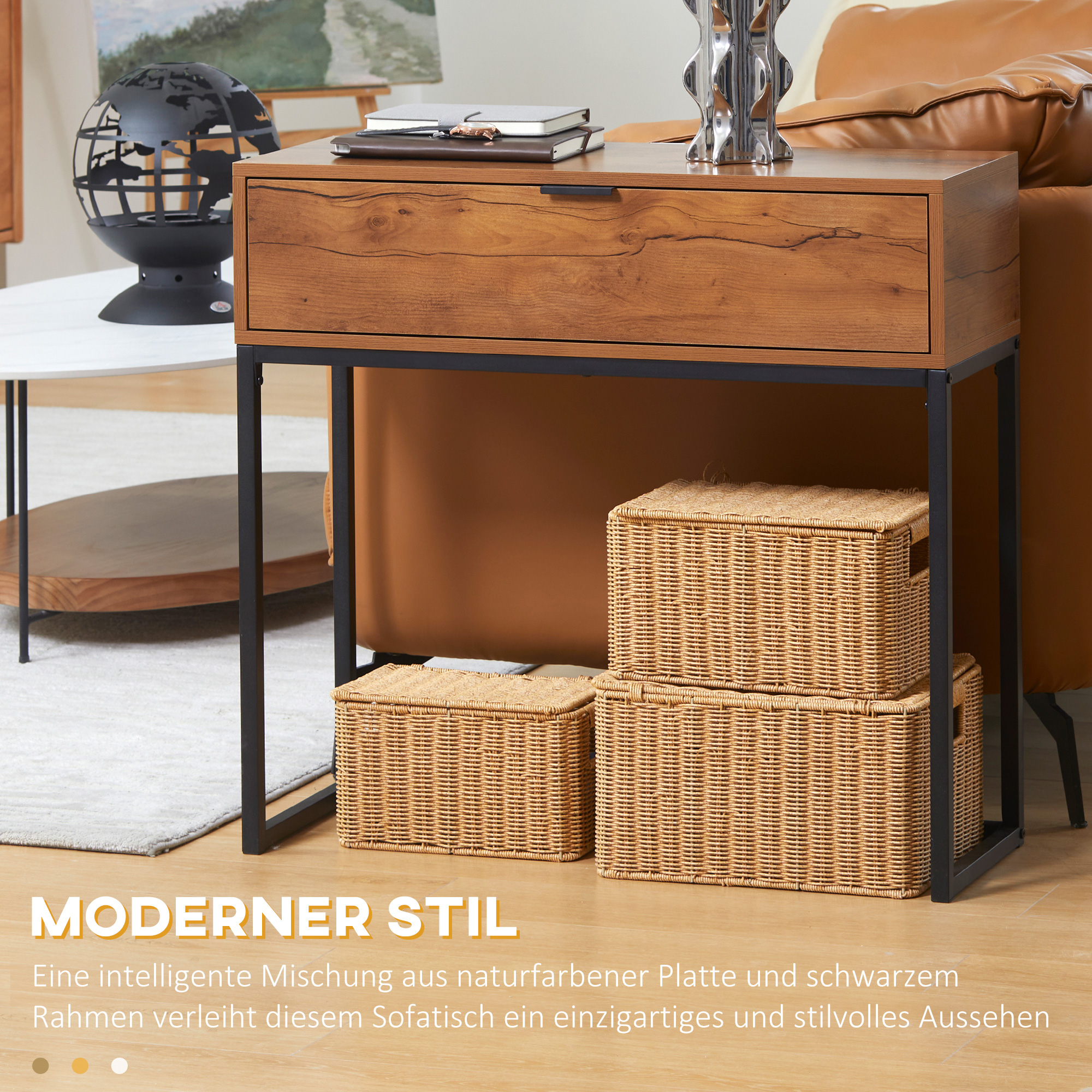 Konsolentisch im Industriedesign, Beistelltisch, Sideboard, 1 Schublade, Braun + Schwarz