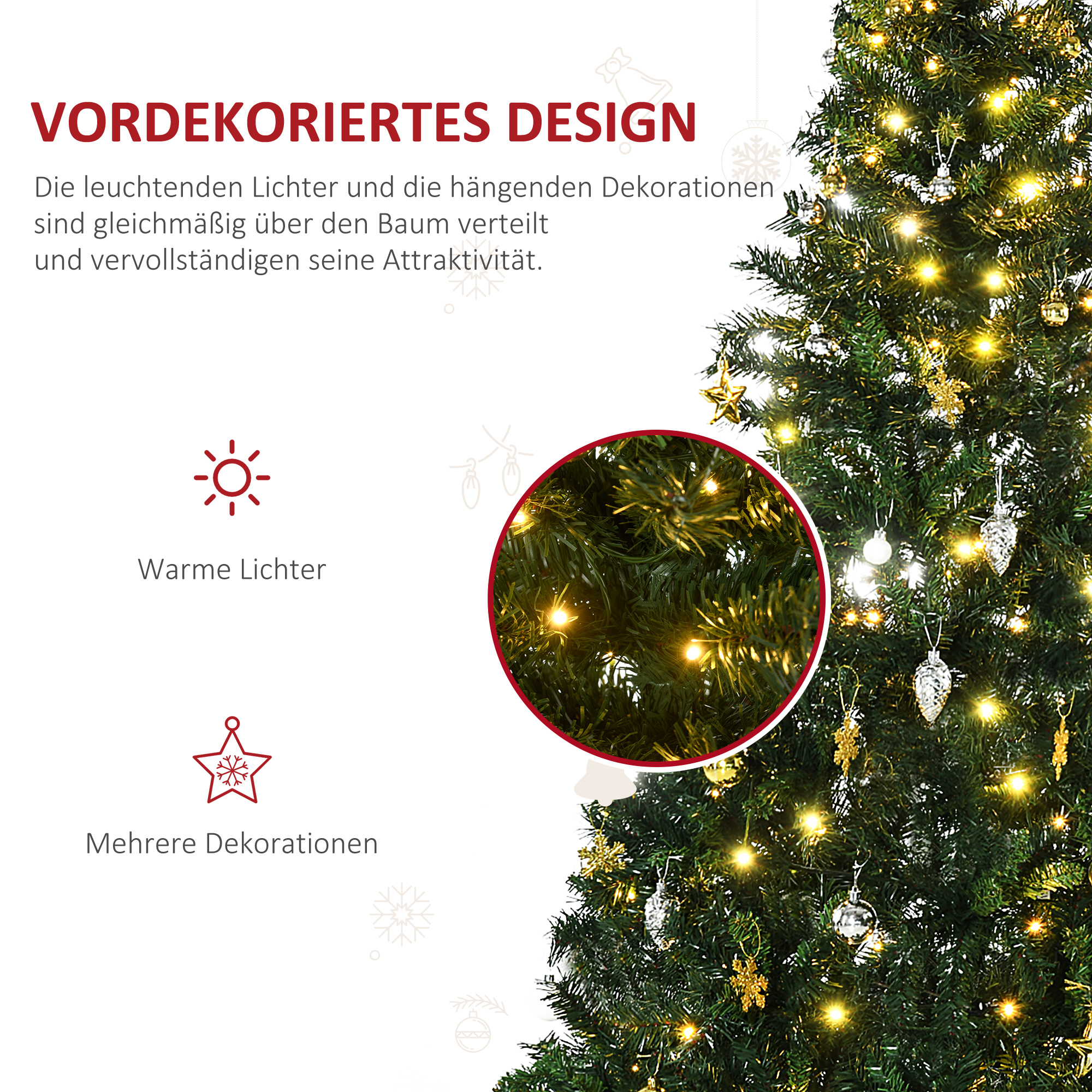 Künstlicher Weihnachtsbaum 180 cm künstlich Tannenbaum mit LED Beleuchtung, Kugeln, Christbaum mit 745 Spitzen, Weihnachtsdeko inkl, Metallständer für Drinnen