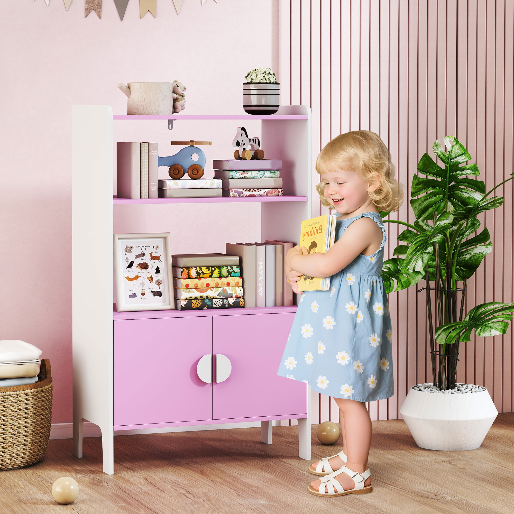 Bücherregal für Kinder, 2 Regale, 2 Schränke, freistehend, Anti-Kipp-Design, rutschfeste Füße, MDF, Rosa+Weiß