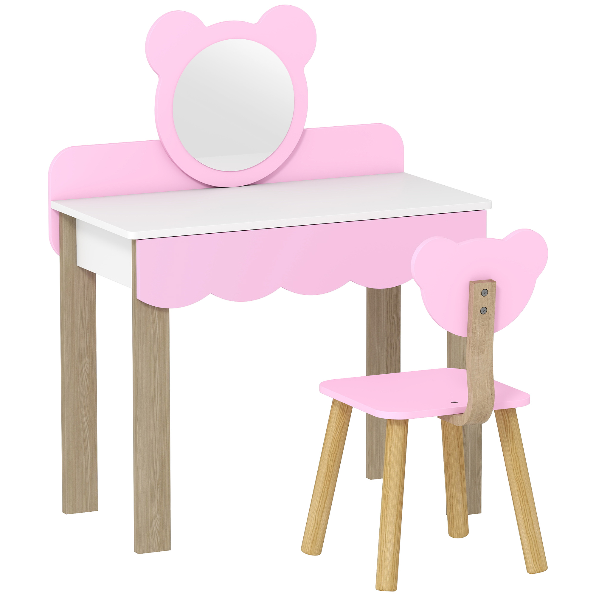 Frisiertisch-Set mit Hocker für Kinder, Schminkspiegel, Bärchenform, Schublade, MDF, Rosa Frisiertisch-Set mit Hocker für Kinder, Schminkspiegel, Bärchenform, Schublade, MDF, Rosa