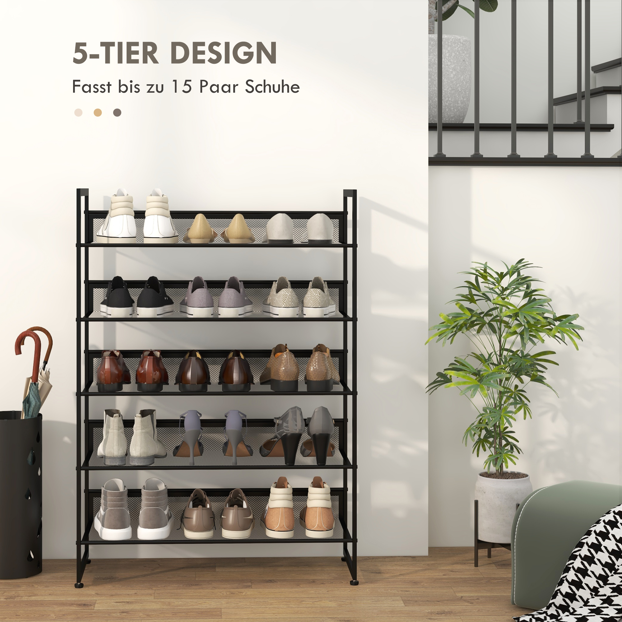 kleines Schuhregal Schuhablage Schuhständer hoch schmal, 5 Regale, 72 cm x 30 cm x 102 cm, Schwarz