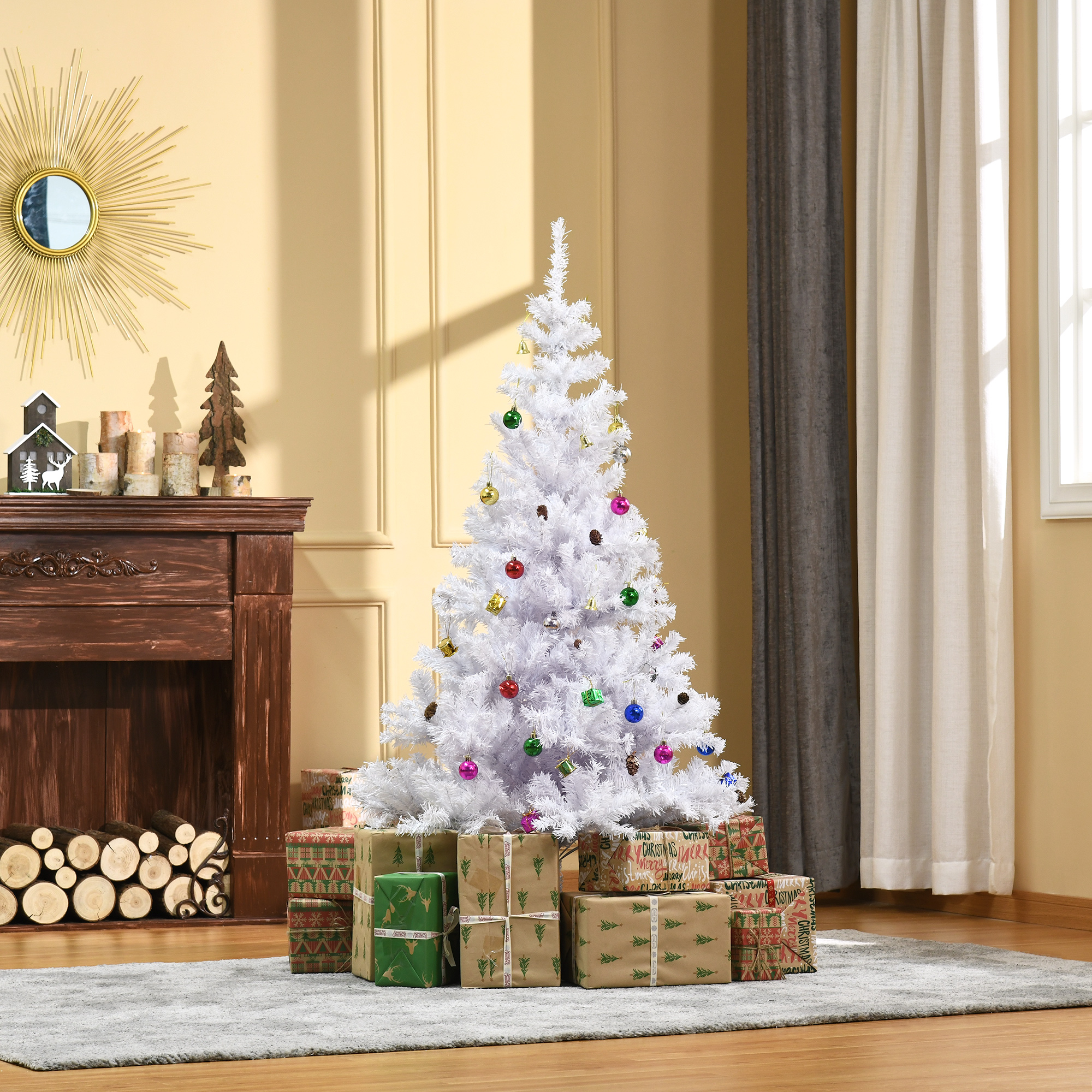 Künstlicher Weihnachtsbaum 150 cm künstlich Tannenbaum mit Kugeln, Glocken, Trommeln, Geschenkboxen, Christbaum mit 680 Spitzen, 12 Tannenzapfen Weihnachtsdeko inkl, Metallständer für drinnen