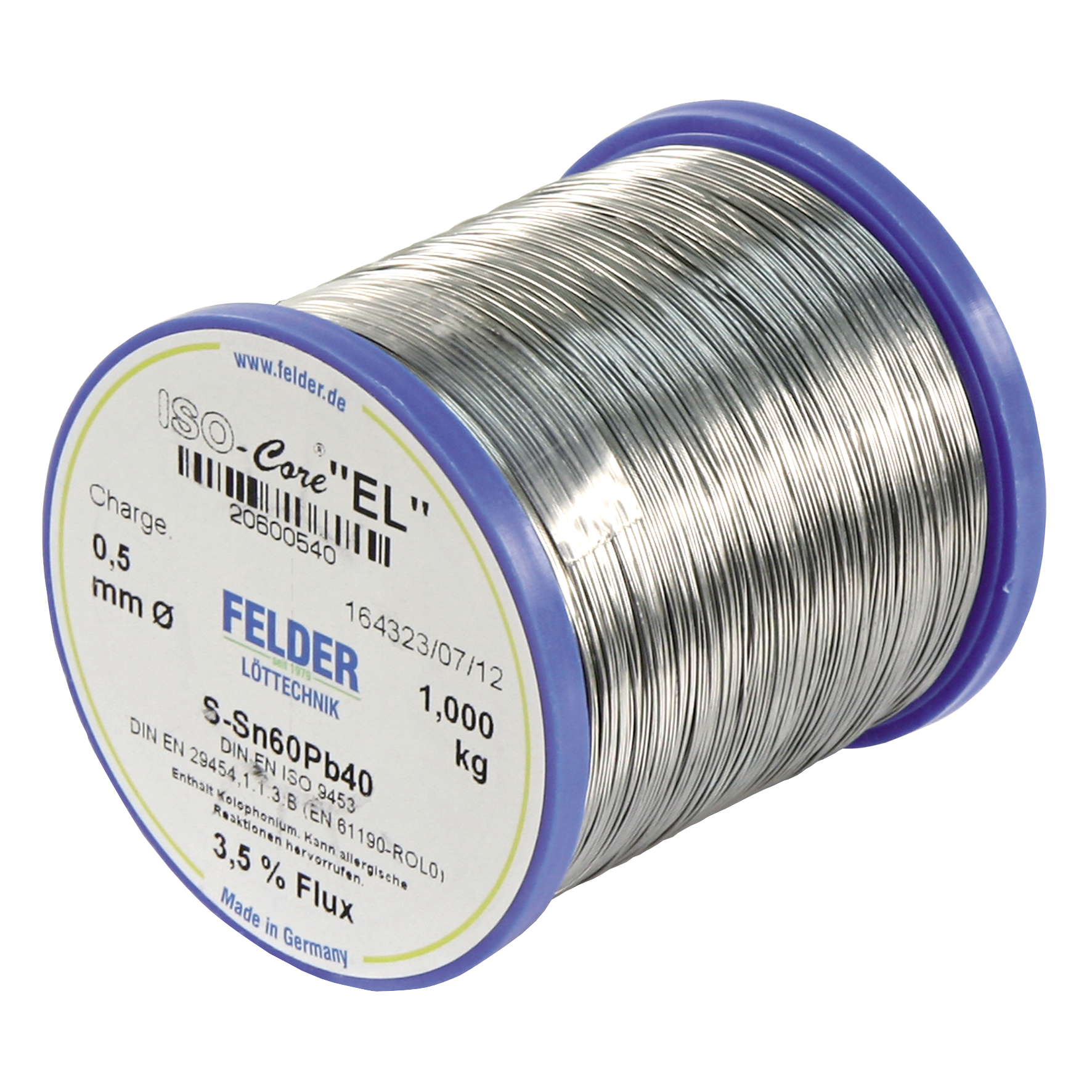 Lötzinn auf Rolle FELDER ISO-Core ''EL'', 0,5mm, 1.000g, bleihaltig (60%Sn 40%Pb)